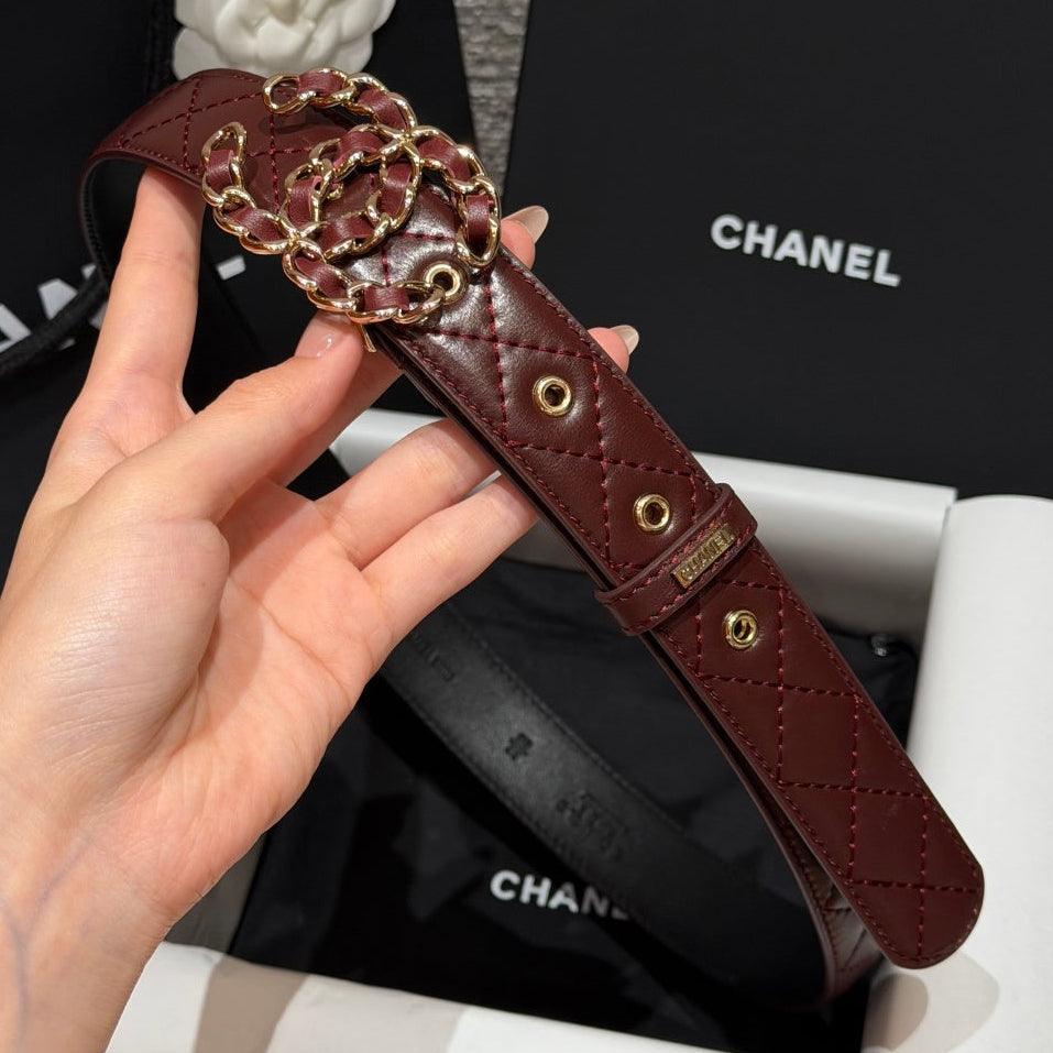 Chanel 2026 CC Buckle Gold Waist Belt Burgundy