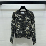 Chanel 25 Floral And Bird Long-sleeved Sweater Gray Wool 321306