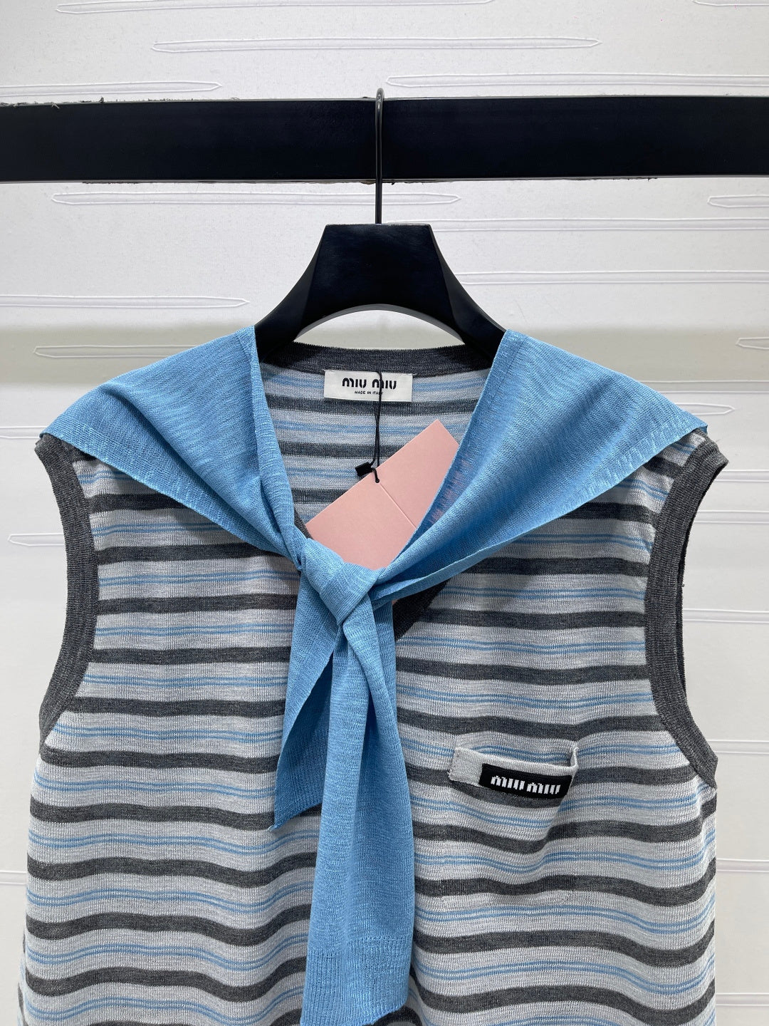 Miumiu 2026 V-neck Striped Knit Vest Blue Grey Wool 397412
