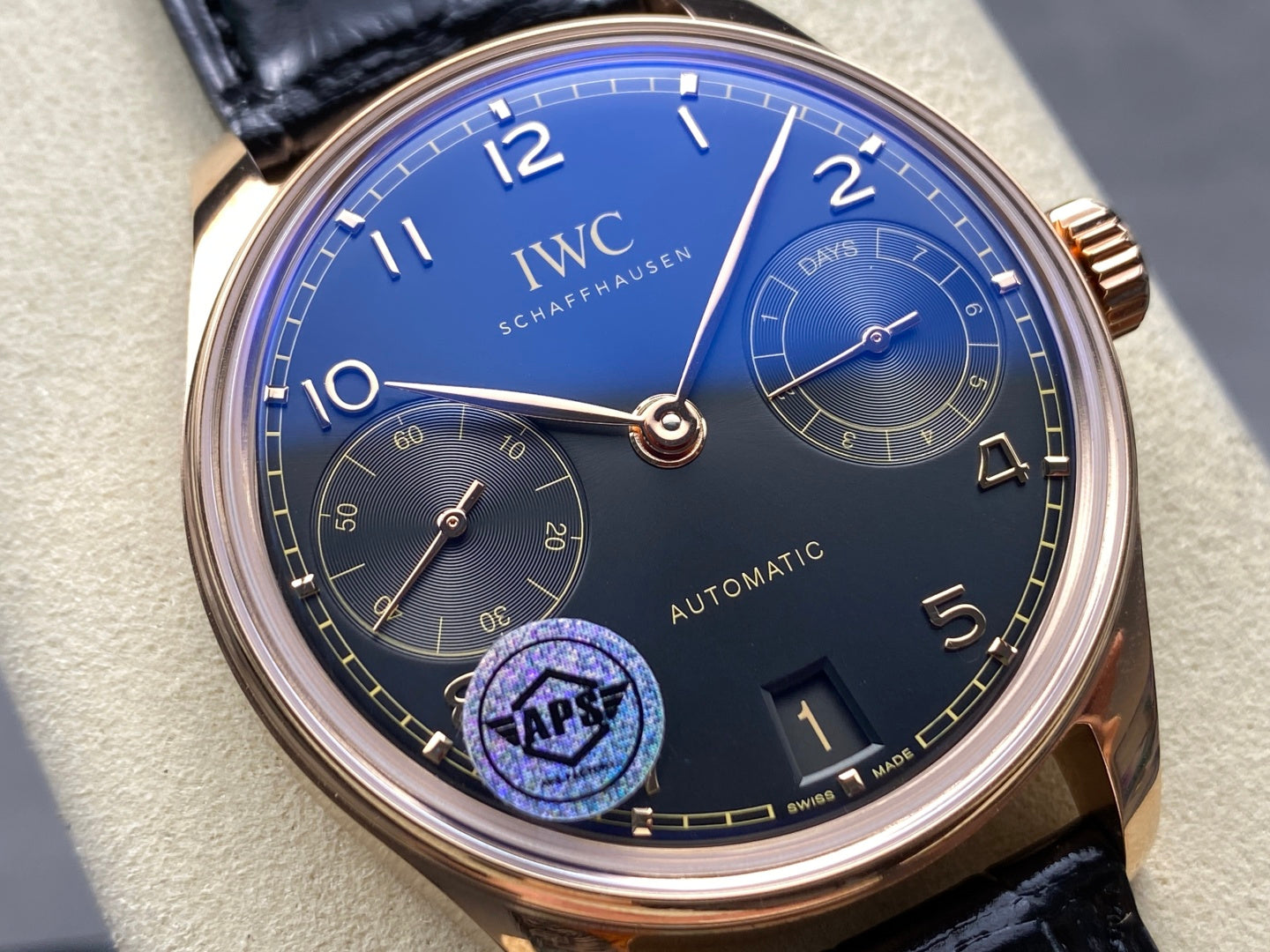 IWC Portuguese 42.4mm Black Dial Pink Gold Case Crocodile Leather