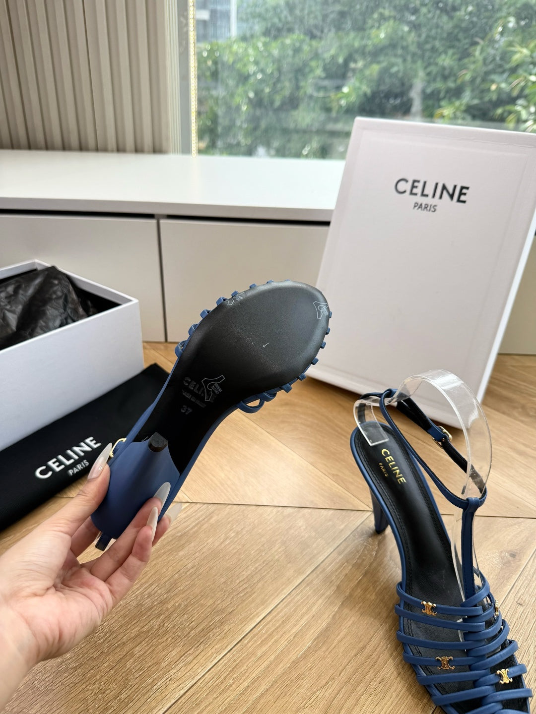 Celine 2026 Cage Heeled Sandals 90mm Blue Leather 995606