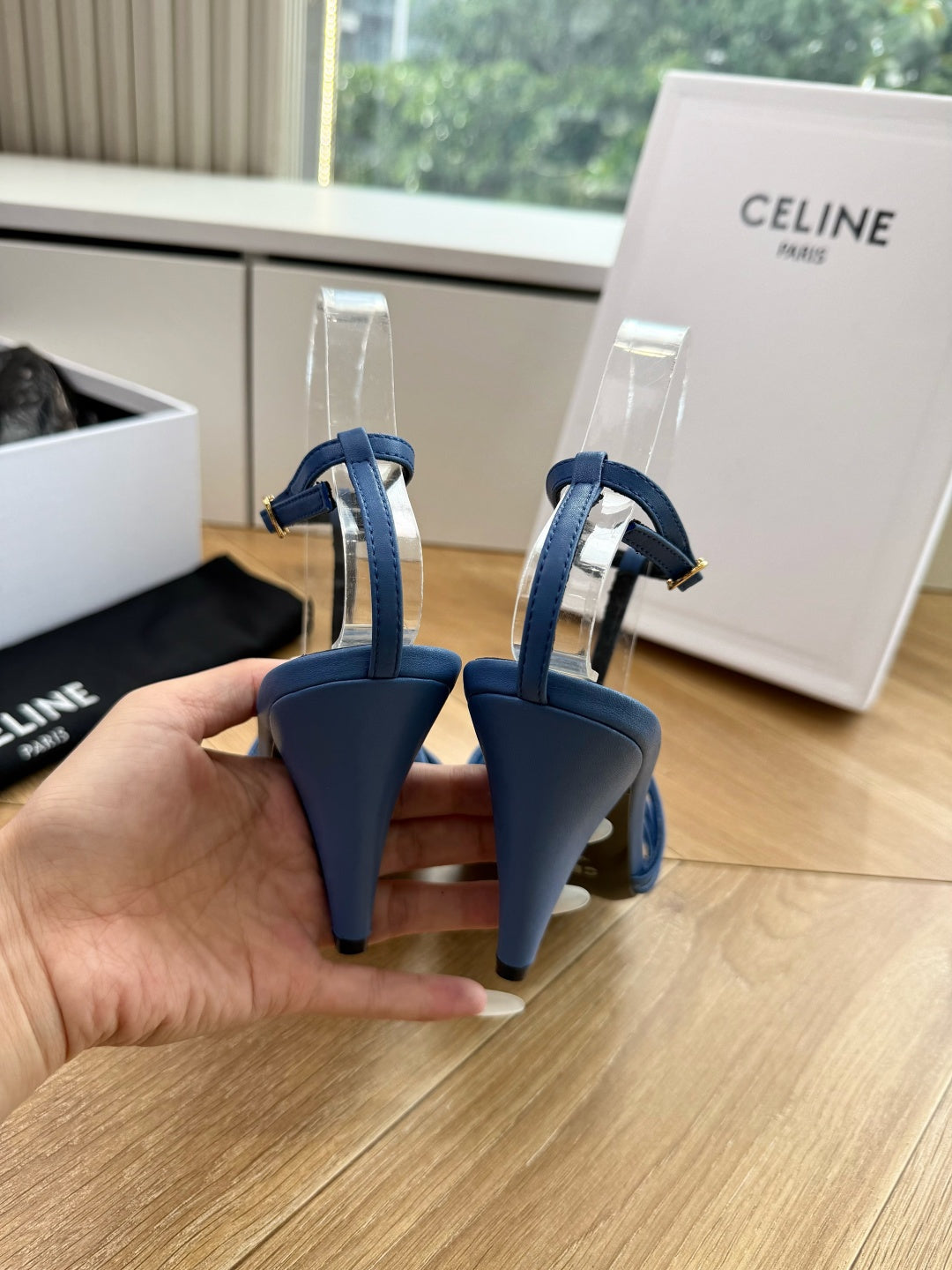 Celine 2026 Cage Heeled Sandals 90mm Blue Leather 995606