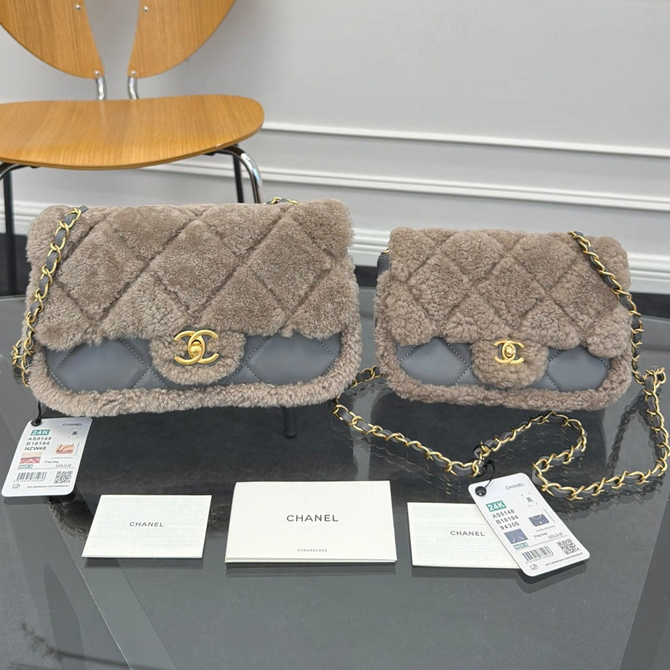 Chane 2026 Flap Bag Grey Beige Shearling Leather