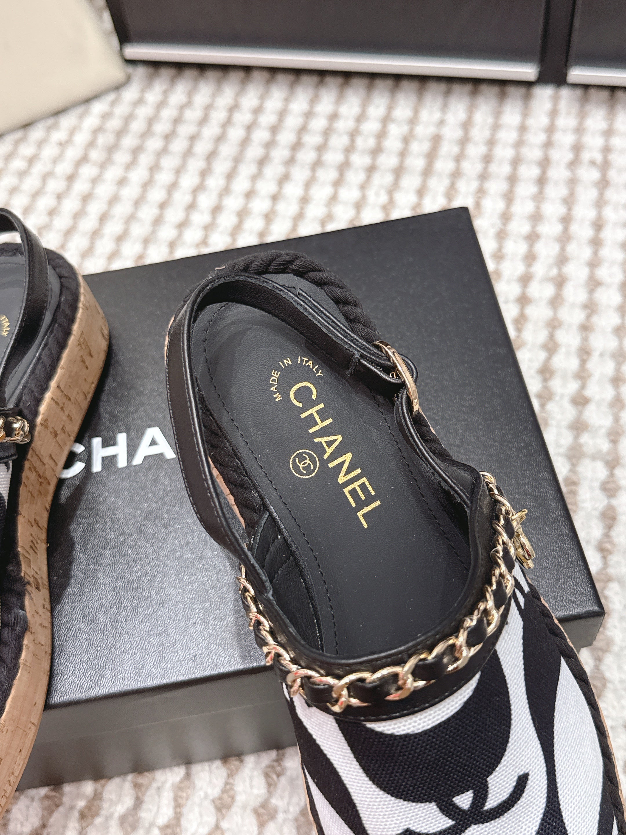 CC 26s Rope-Soled Sandals Black White Canvas Leather 652562