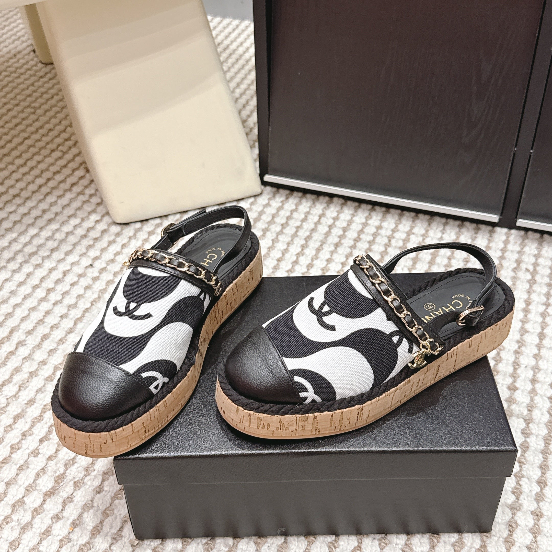 CC 26s Rope-Soled Sandals Black White Canvas Leather 652562