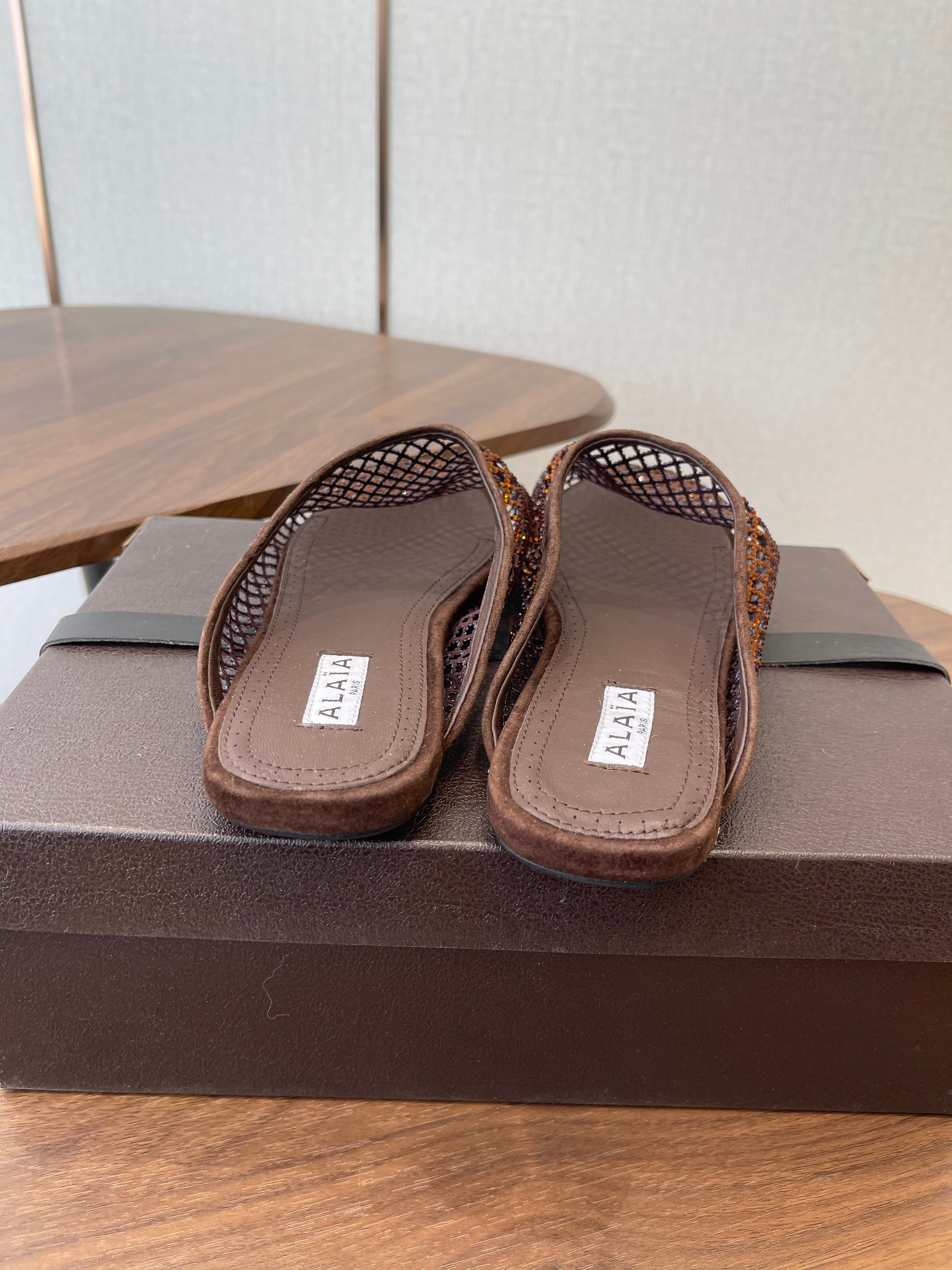 Alaia 26 Half-Slippers Brown Mesh Rhinestones 624903