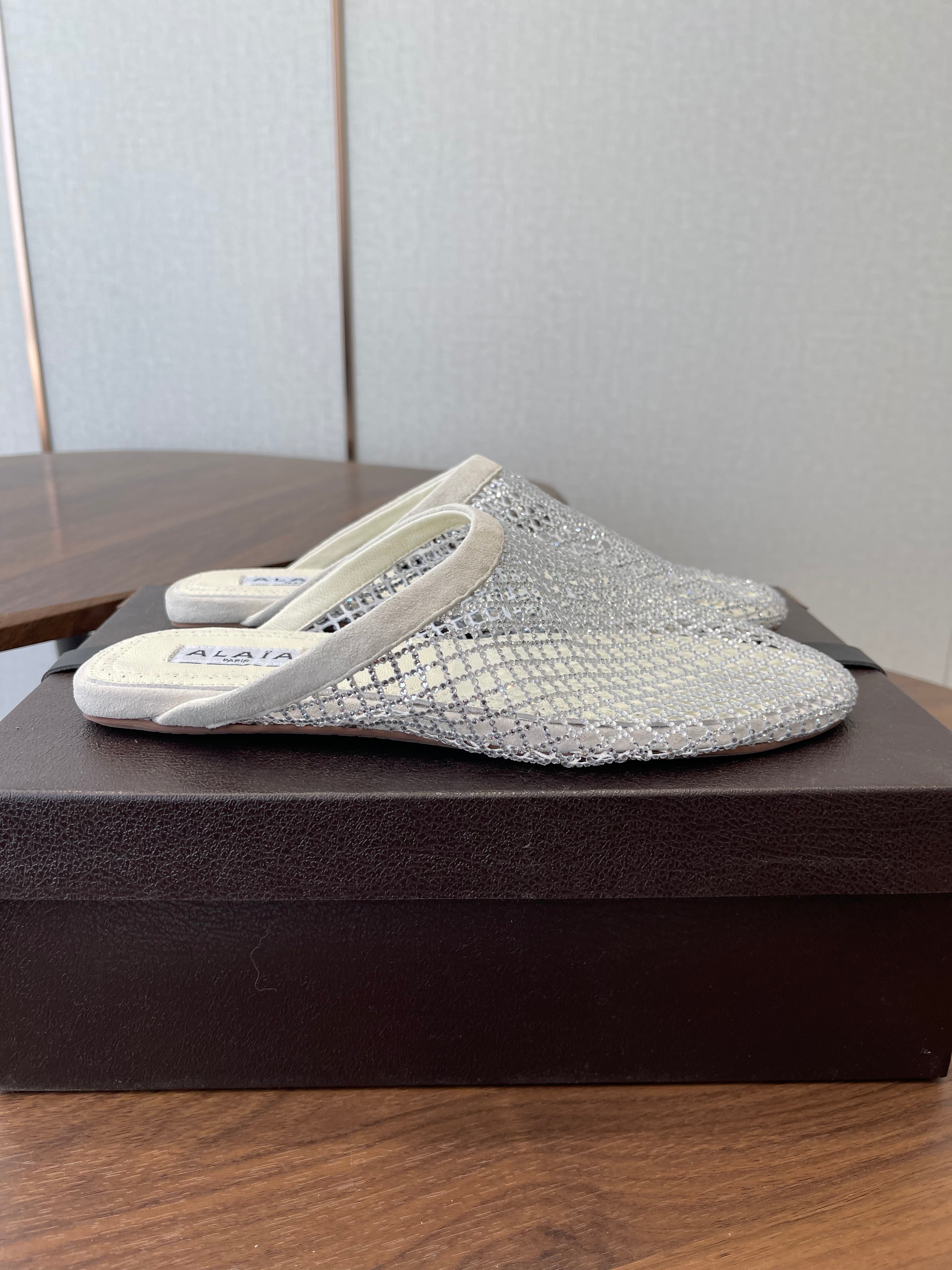 Alaia 26 Half-Slippers Ivory Mesh Rhinestones 624904