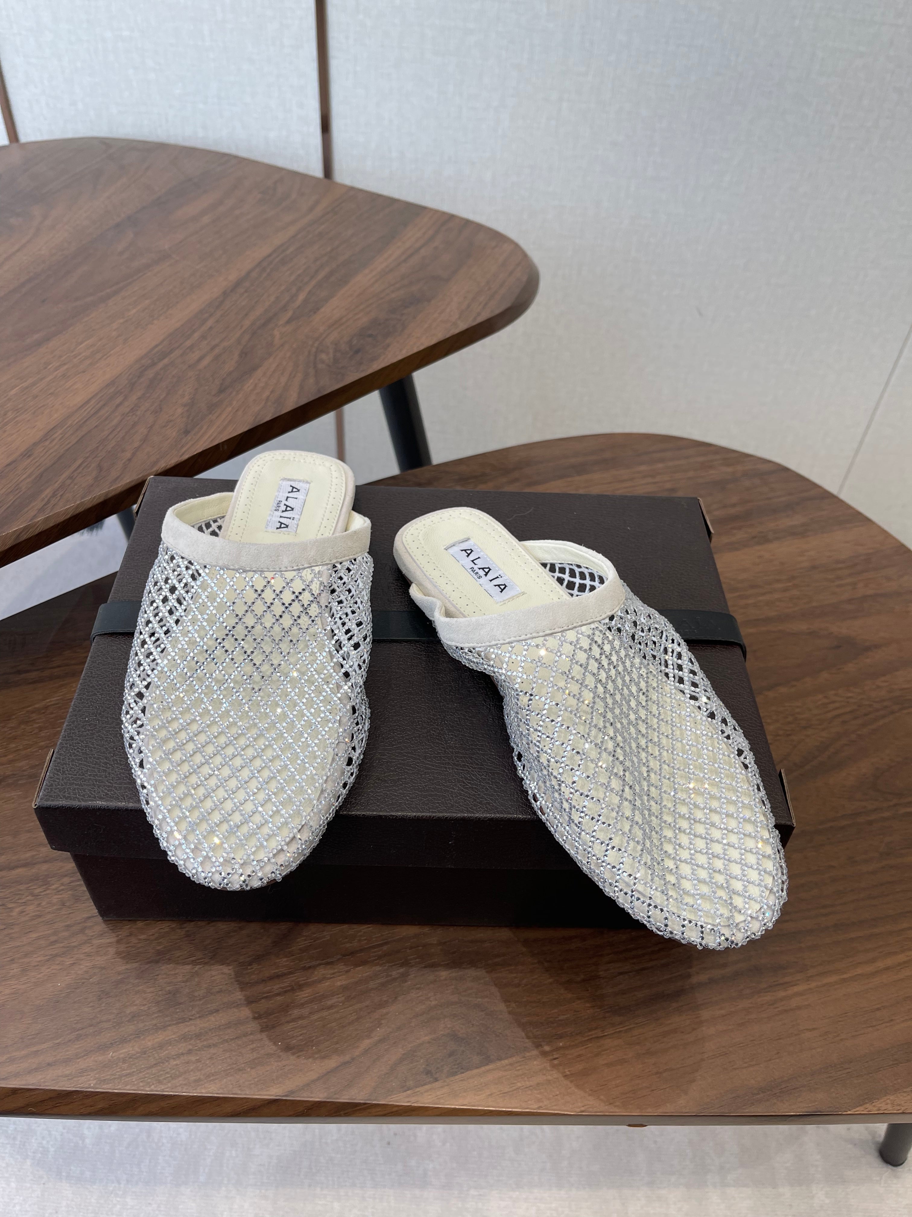 Alaia 26 Half-Slippers Ivory Mesh Rhinestones 624904