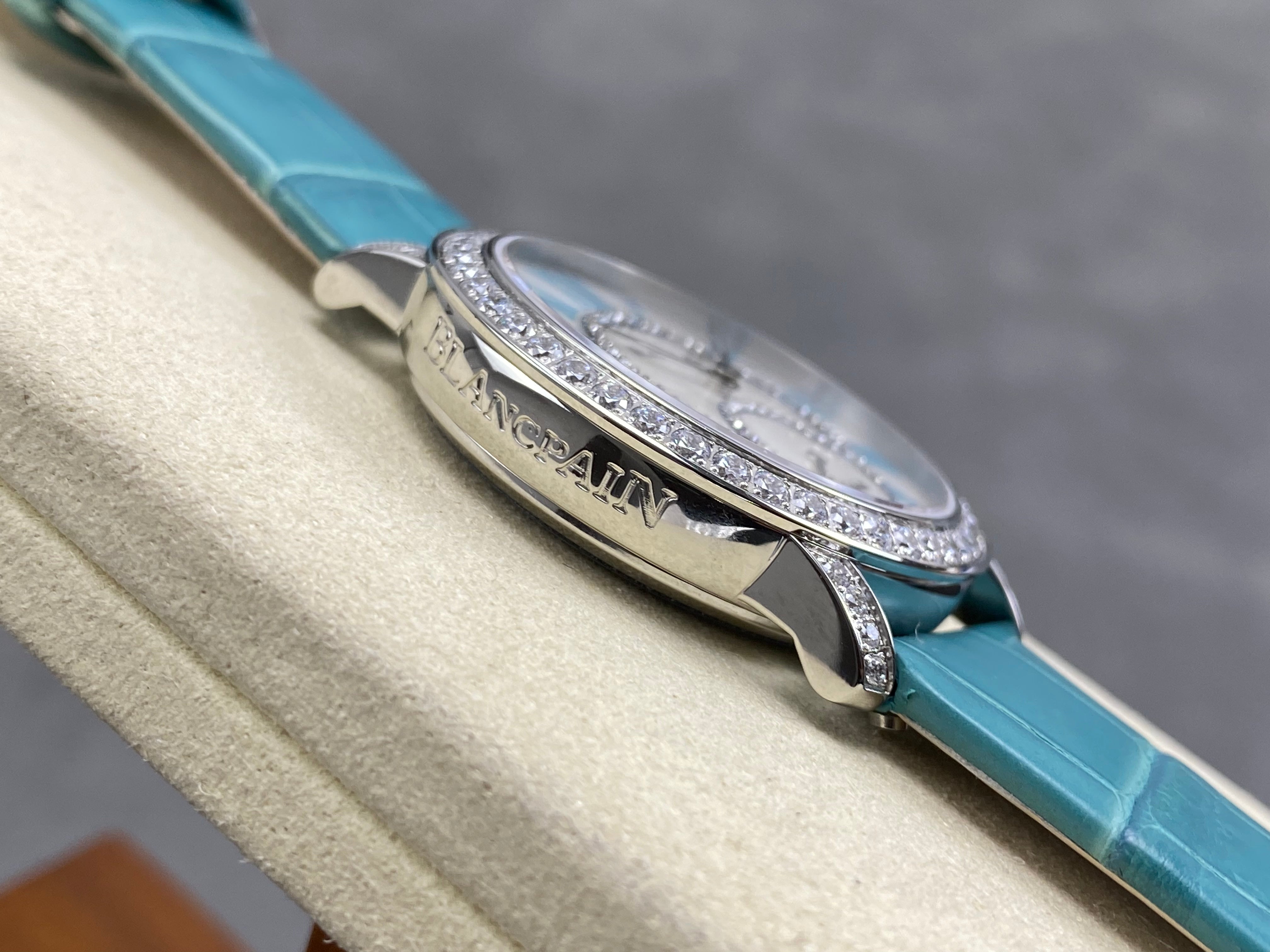 Blancpain's Ladybird 35mm White Blue Dial Diamond Bezel Leather