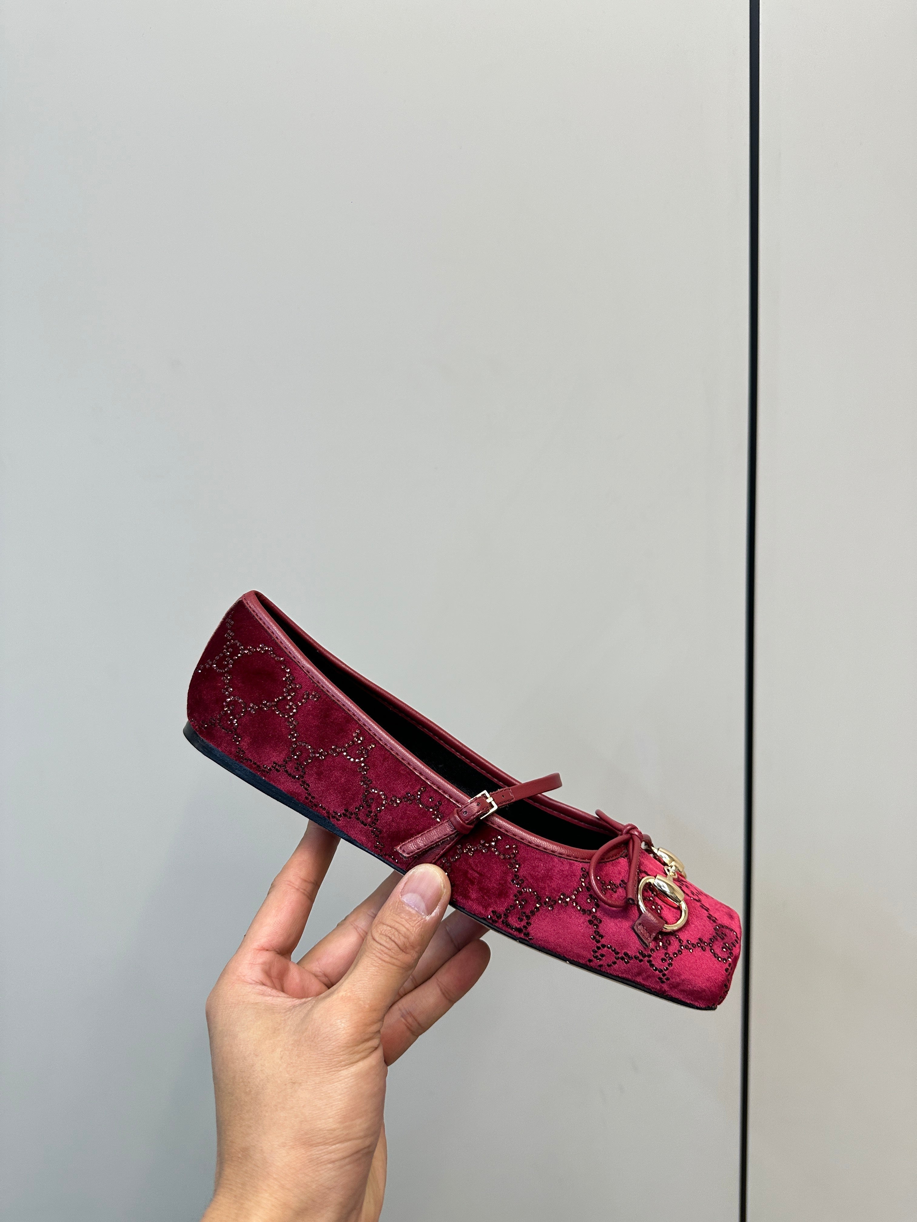 GG 26SS Ballet Flats Rhinestone Burgundy Velvet Sheepskin 645701