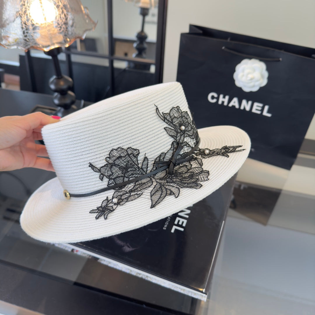 Chanel Flat-top White Black Straw Hat 269024