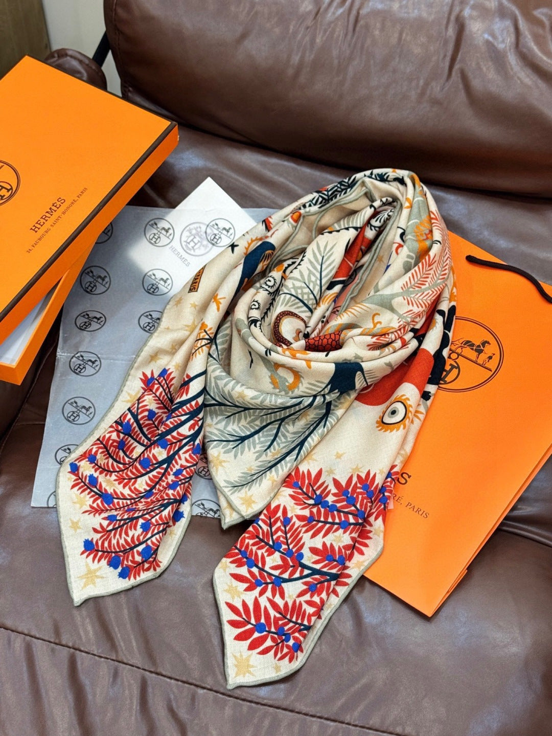 HM 25s Scarf 140cm Beige Colorful Cashmere Silk 962472