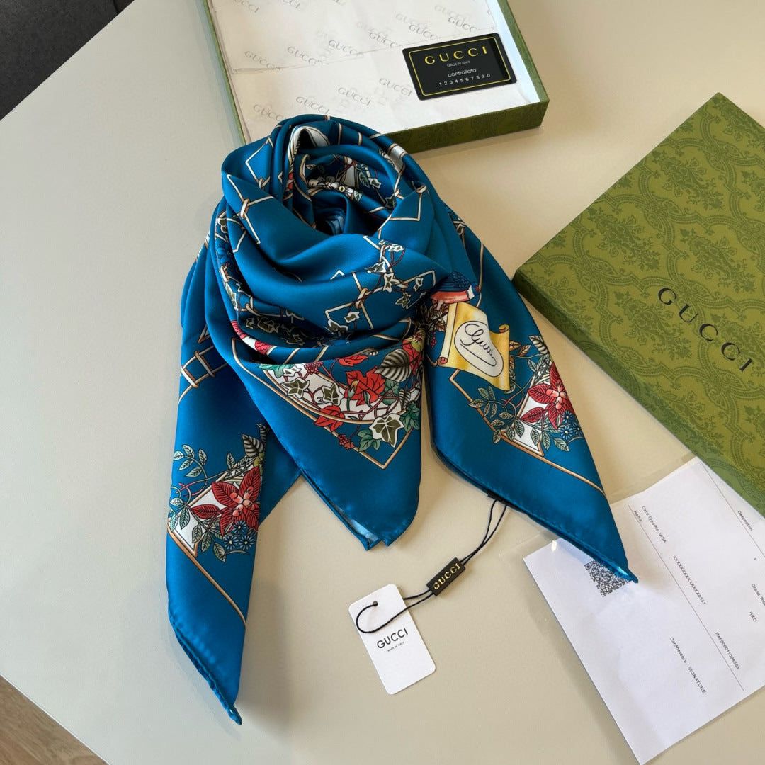 GG Signature Floral Scarf 90CM Blue Muticolor Twill Mulberry Silk 280659