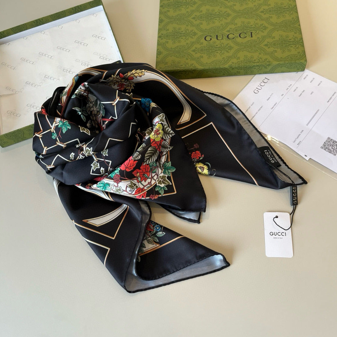 GG Signature Floral Scarf 90CM Black Muticolor Twill Mulberry Silk 280660