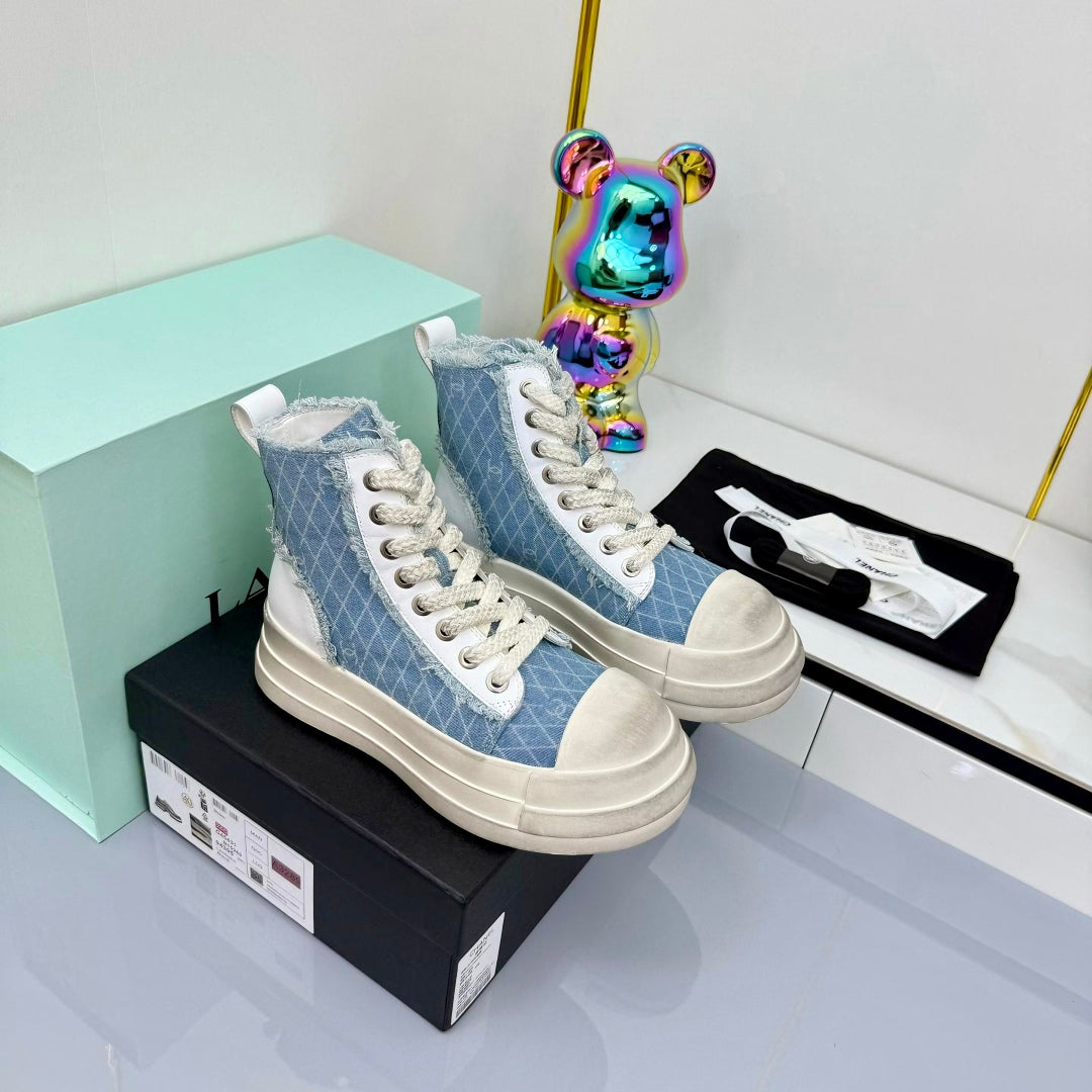 Chanel 25 High Sneaker Light Blue White Cowhide Denim Frabic 469780