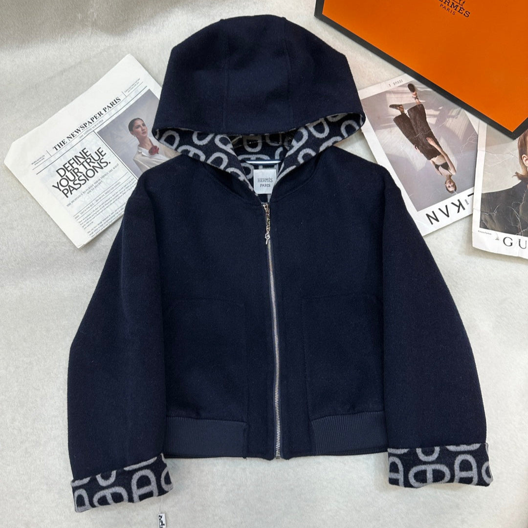 HM 25 Navy Blue Cashmere Cropped Coat 280337