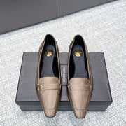 YSL 26ss Square Toe Loafers Taupe Satin Leather