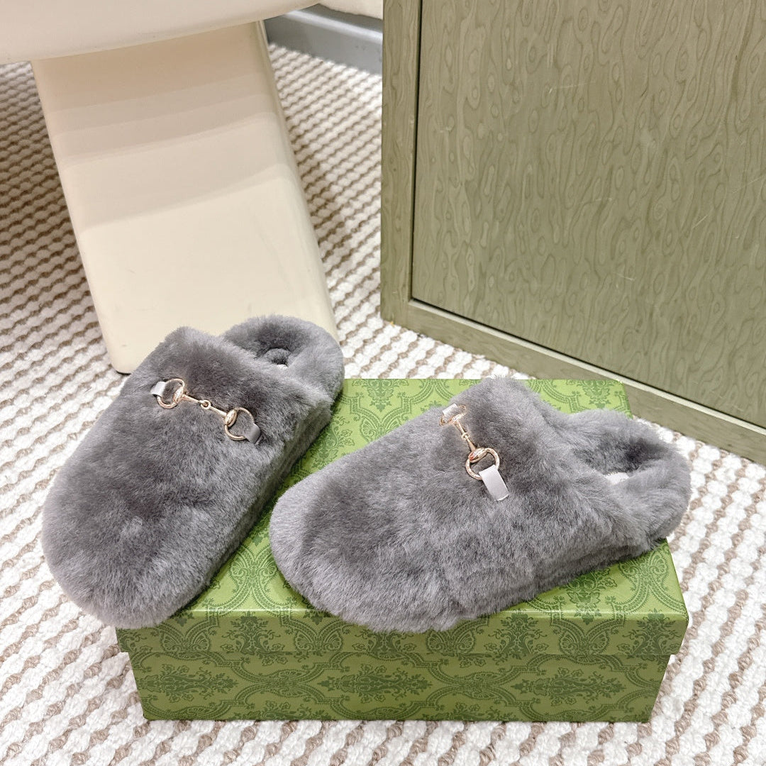 GG 26ss Loafers Rhinestones Gray Wool 612028