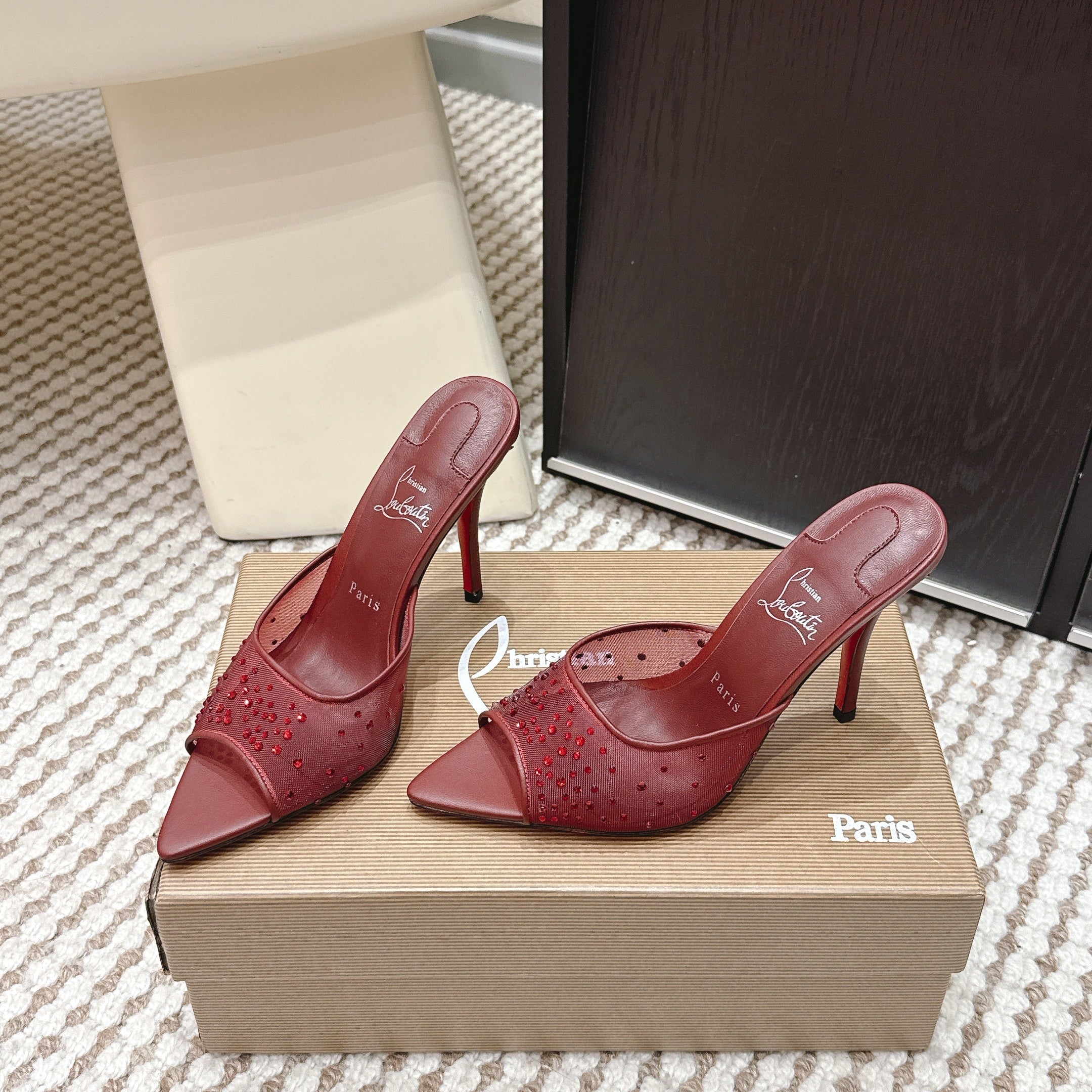CL 26SS High-Heeled Slippers 100 Dark Red Mesh Rhinestone Leather 658051
