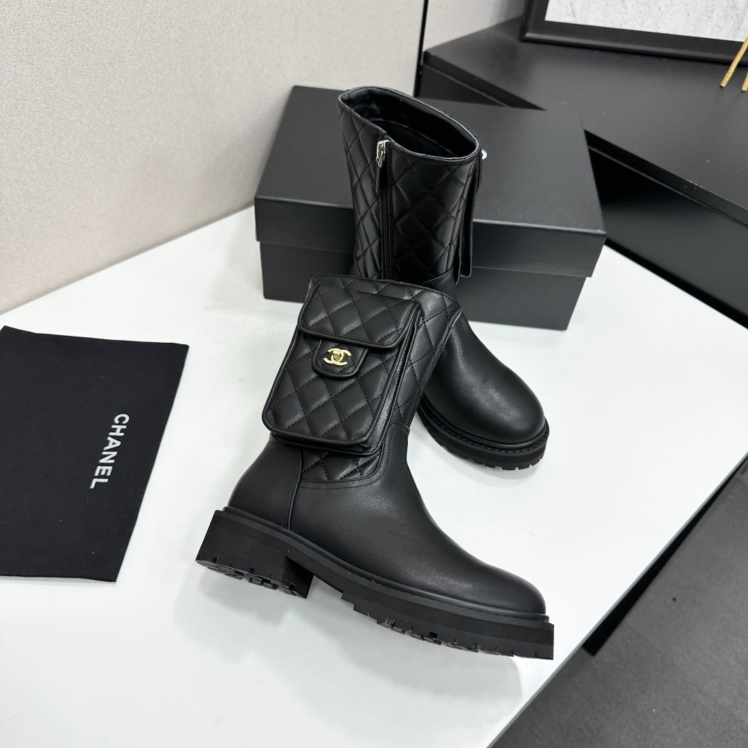 Chanel 2026 Quilted Pocket Combat Boots Black Cowhide 985931