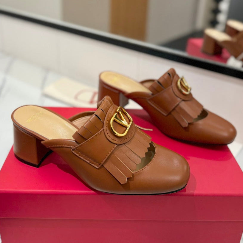 VT 2025 Signature Heeled Mule Brown Calf Leather 295076