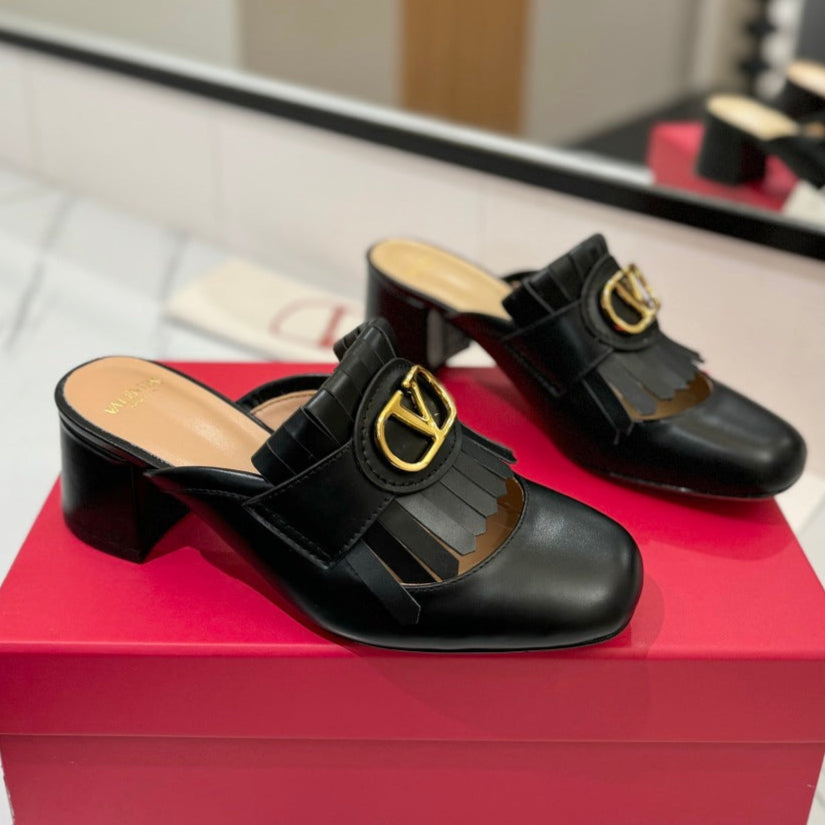 VT 2025 Signature Heeled Mule Black Calf Leather 295079