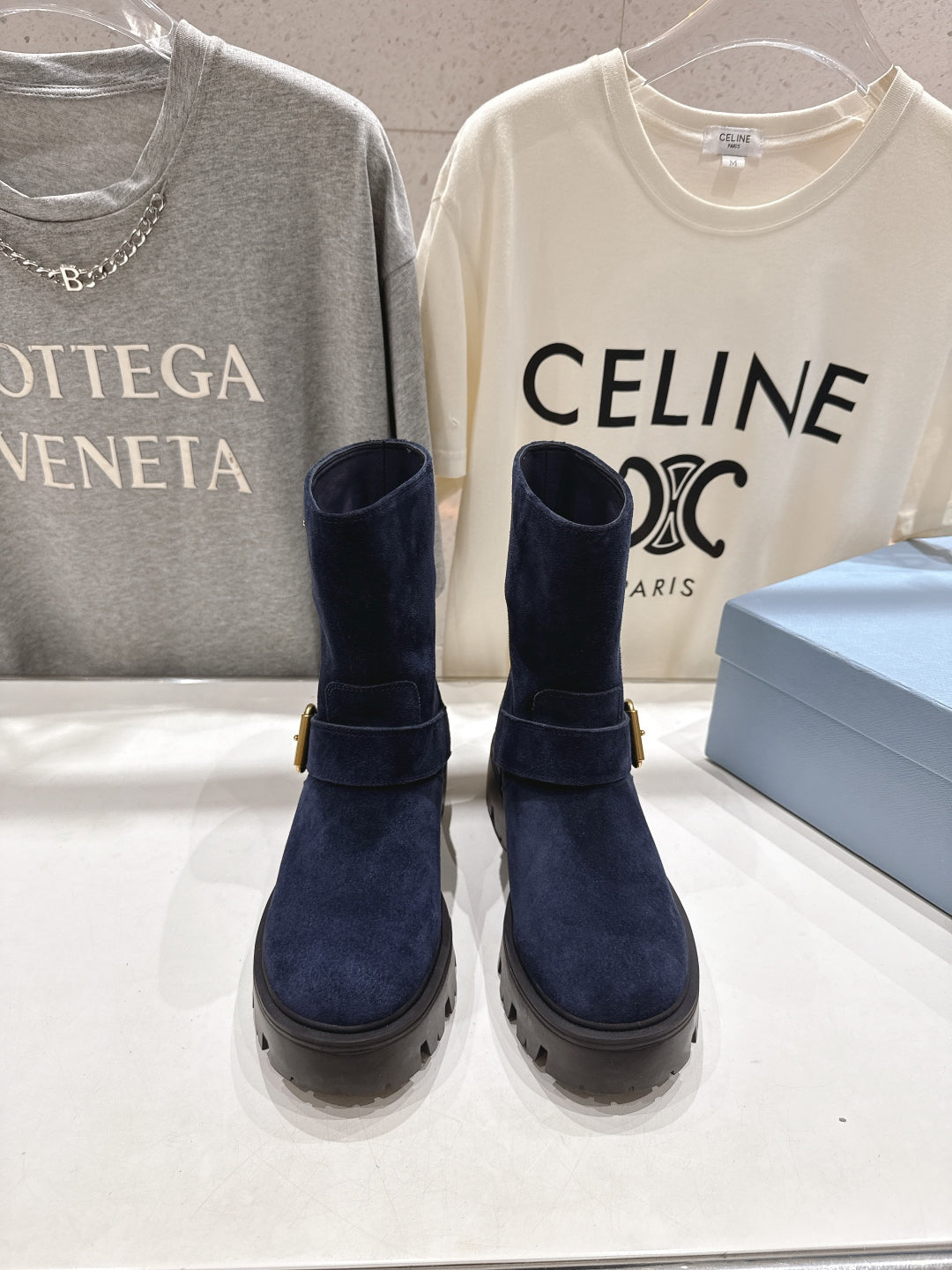 Prada 25 Boot Navy Blue Black Cowhide Suede 491869