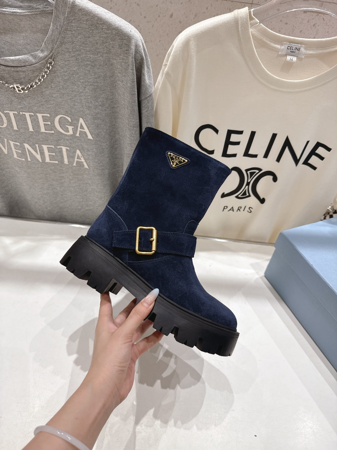 Prada 25 Boot Navy Blue Black Cowhide Suede 491869