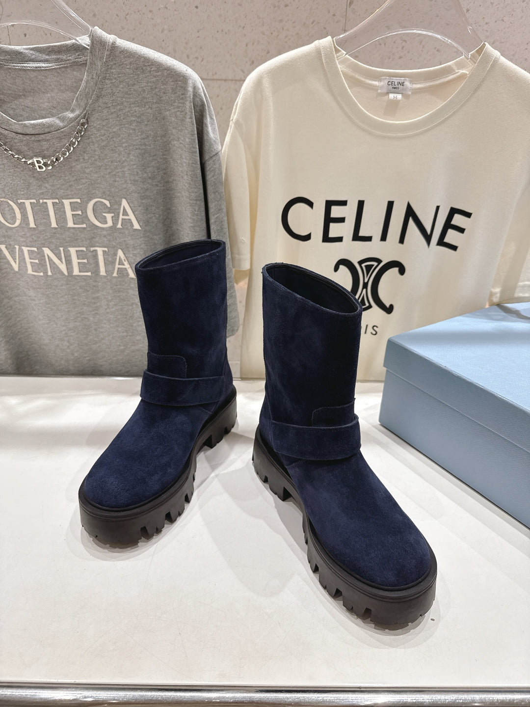 Prada 25 Boot Navy Blue Black Cowhide Suede 491869