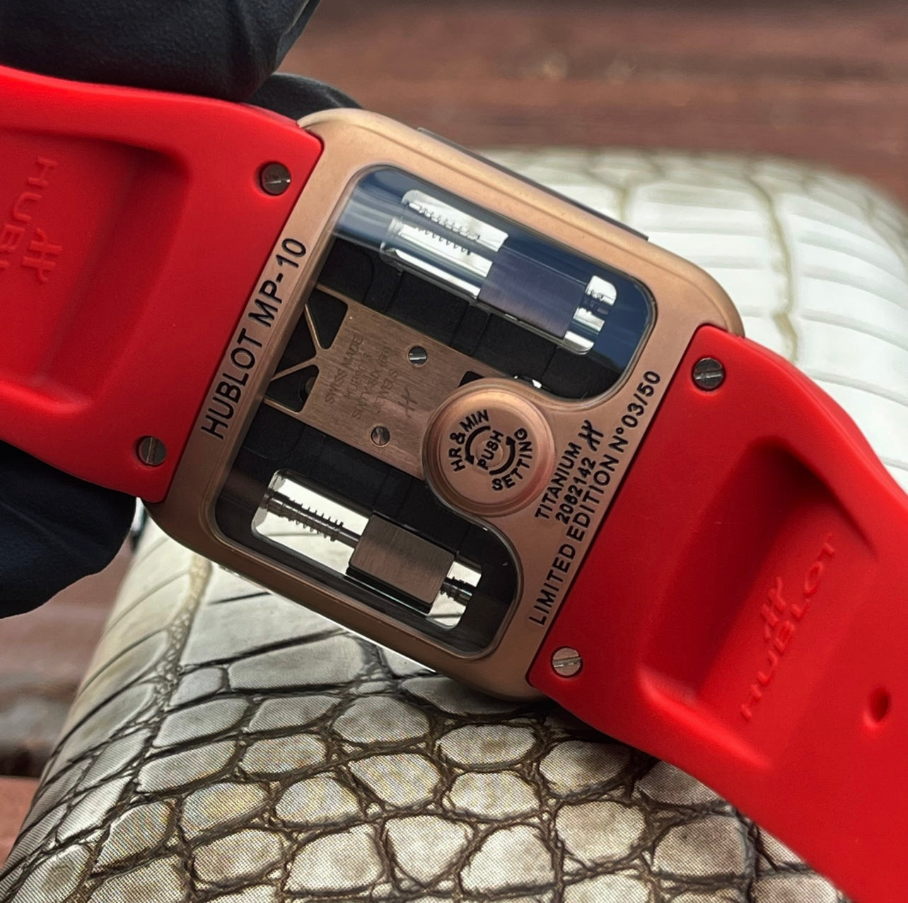Hublot MP-10 Tourbillon Weight Energy System Watch Rose Gold Case Red Strap