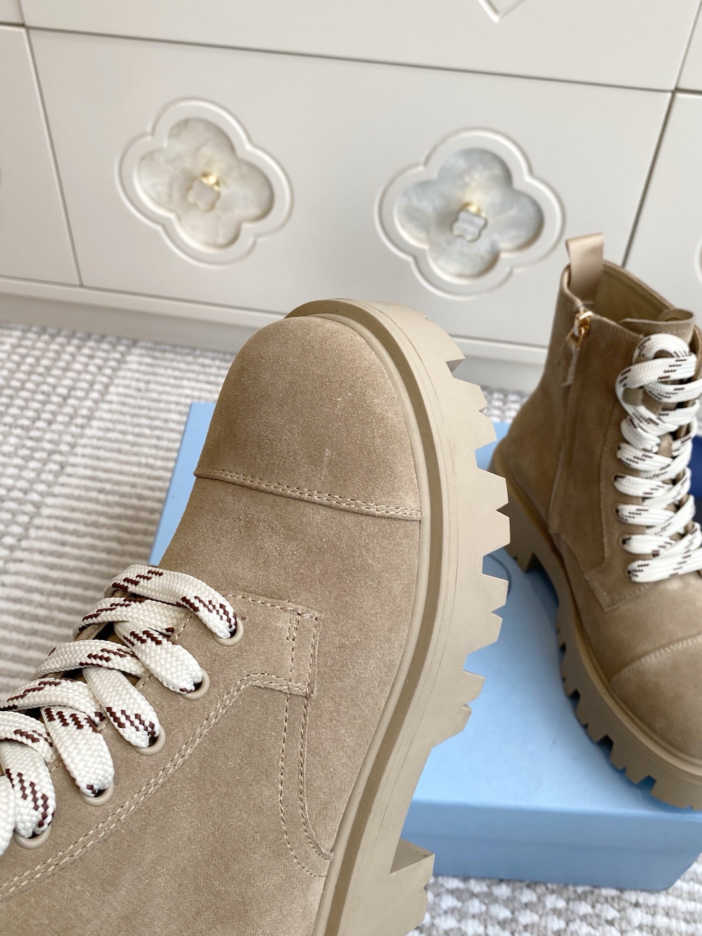 Prada 25 Martin Boot Beige Suede Cowhide 501439