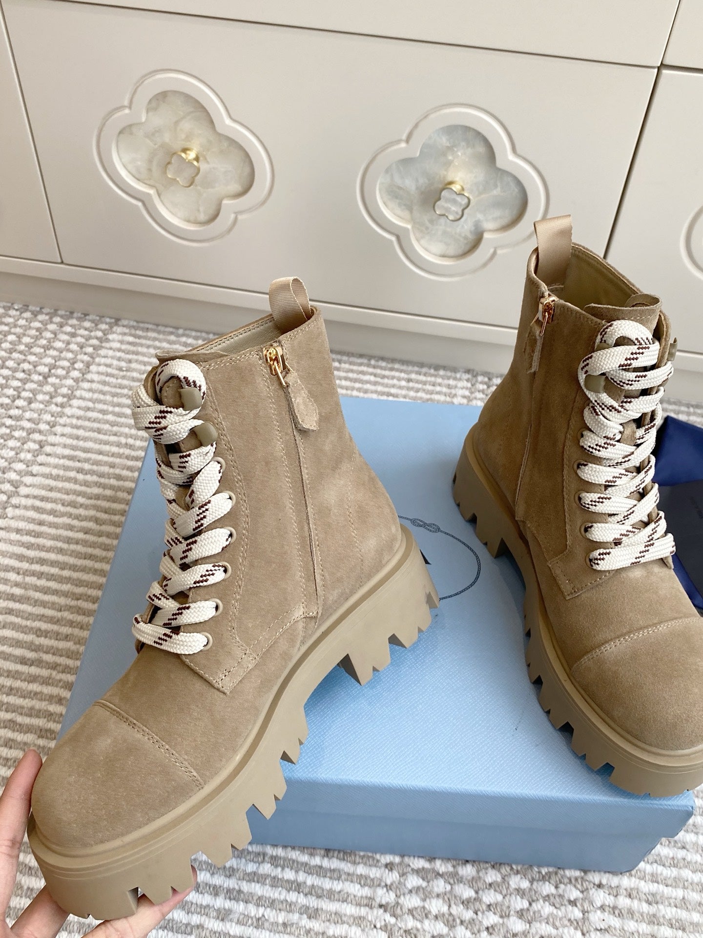 Prada 25 Martin Boot Beige Suede Cowhide 501439