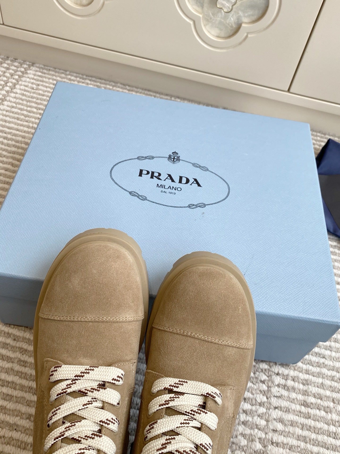 Prada 25 Martin Boot Beige Suede Cowhide 501439