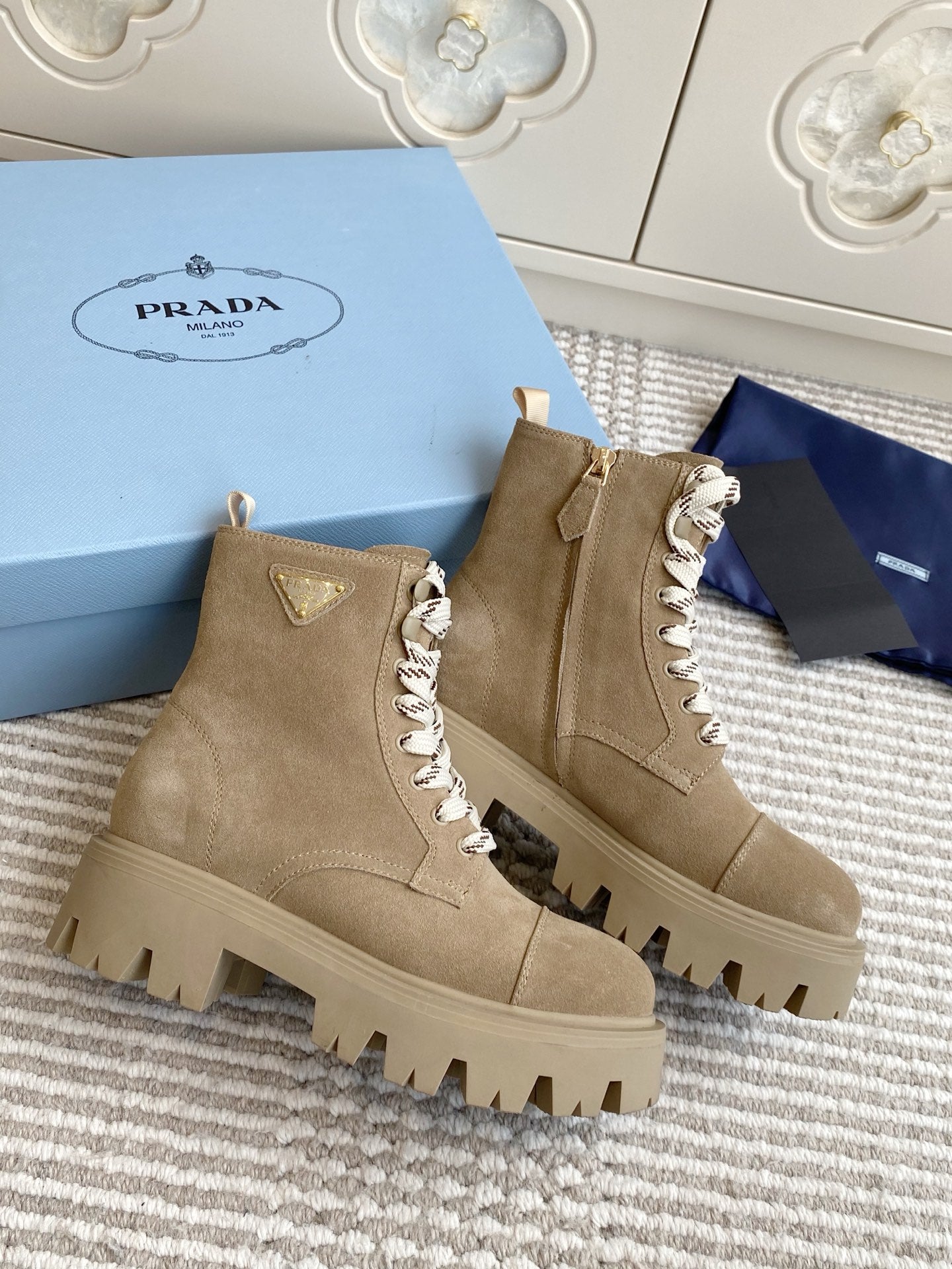 Prada 25 Martin Boot Beige Suede Cowhide 501439