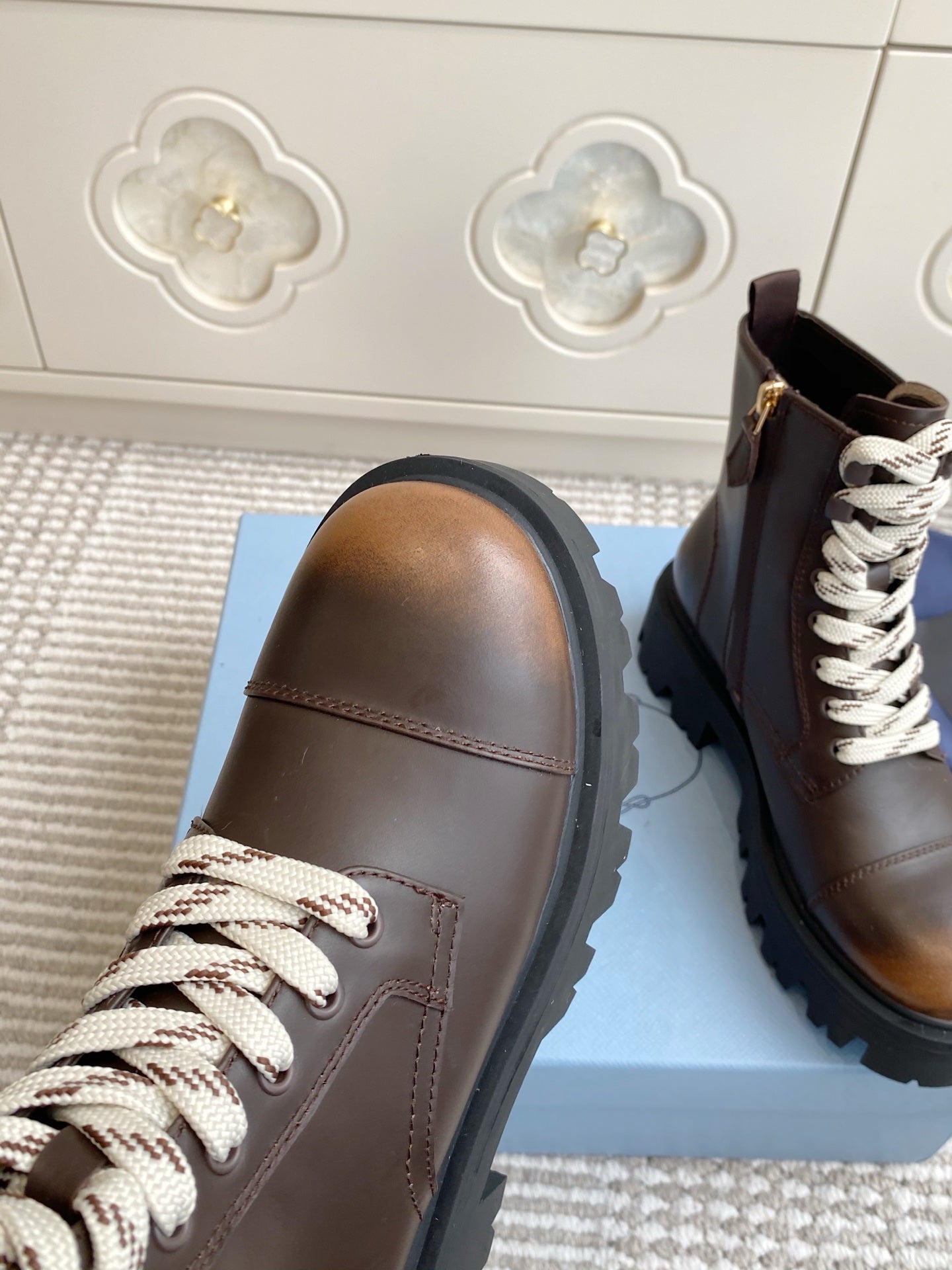 Prada 25 Martin Boot Brown Black Cowhide 501443