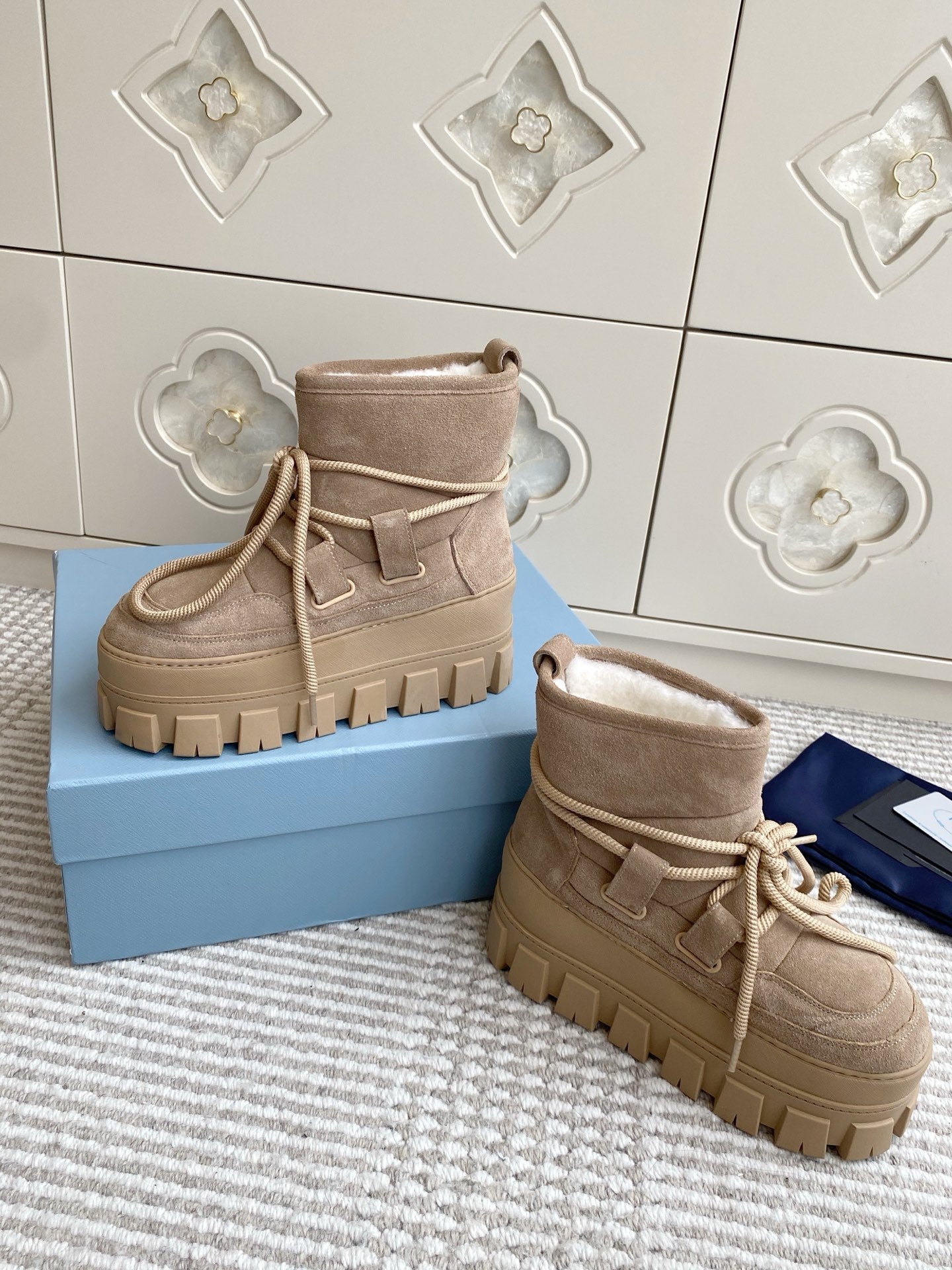 Prada 25 Shearling Apres-ski Boots Beige Suede Calfskin