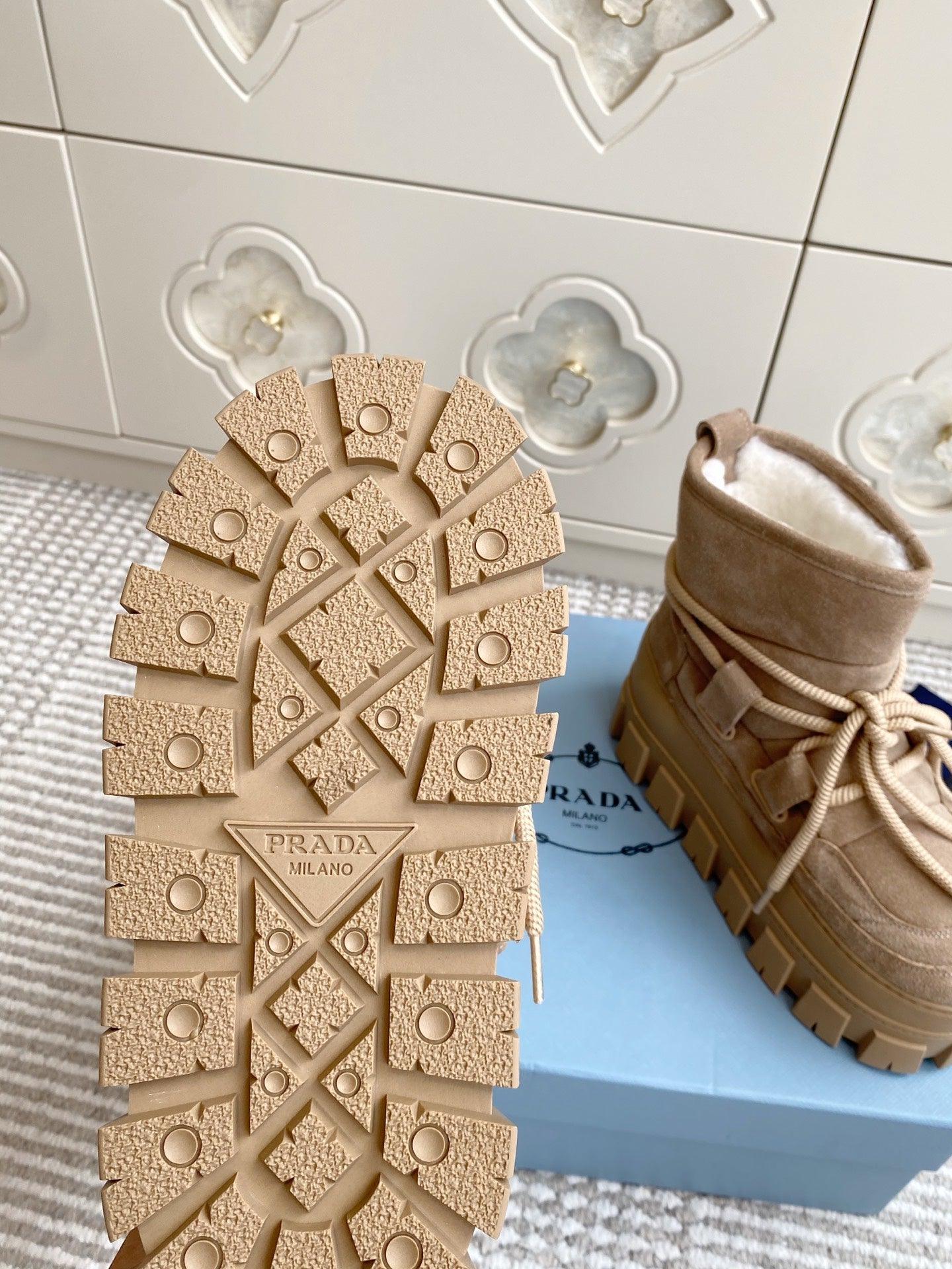 Prada 25 Shearling Apres-ski Boots Beige Suede Calfskin