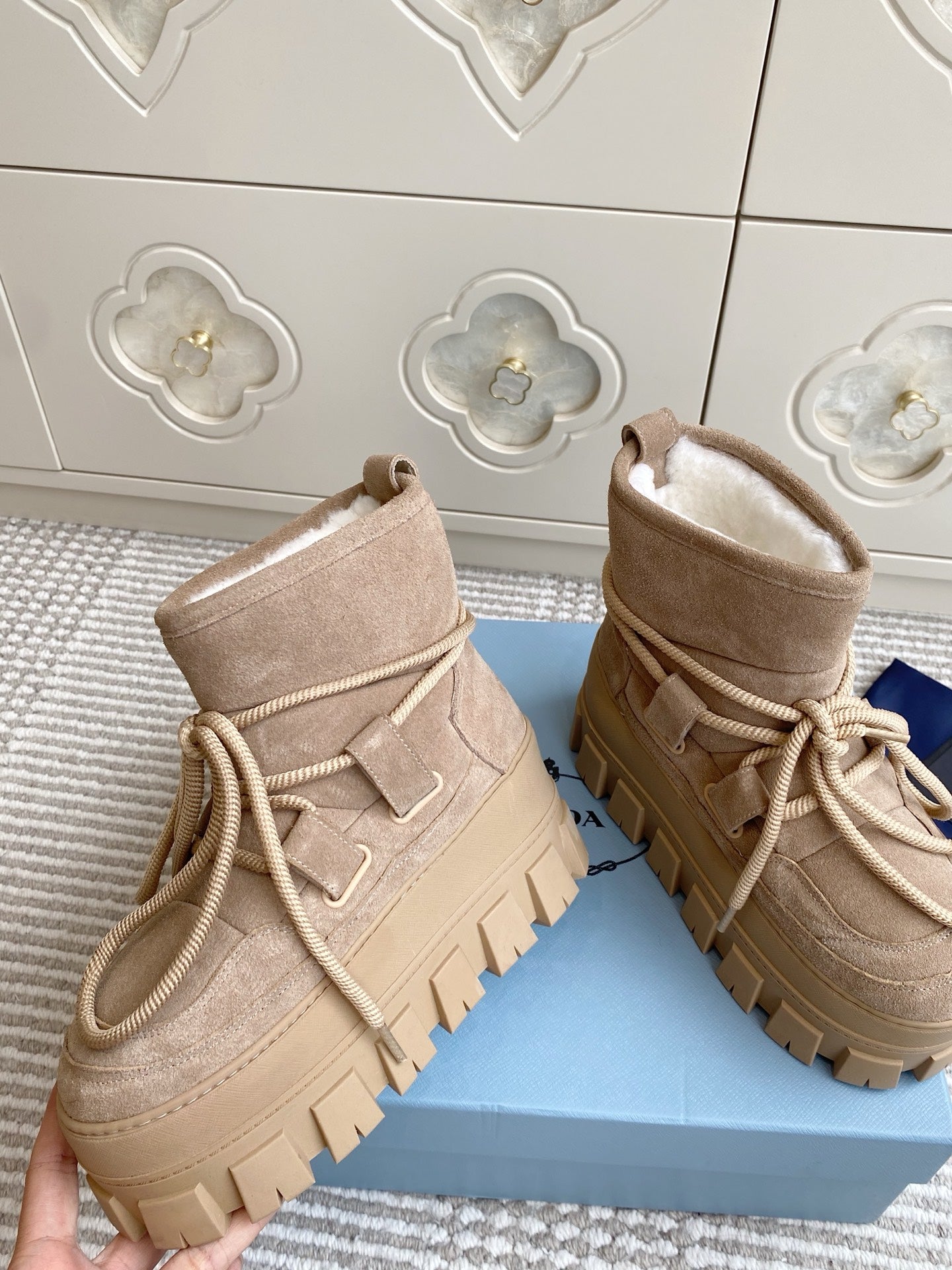 Prada 25 Shearling Apres-ski Boots Beige Suede Calfskin