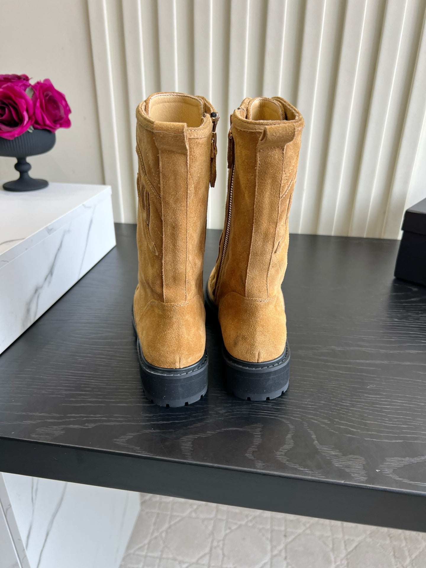 Chanel 2026 Quilted Logo Lace Up Tall Combat Boots Suede Cowhide 977208