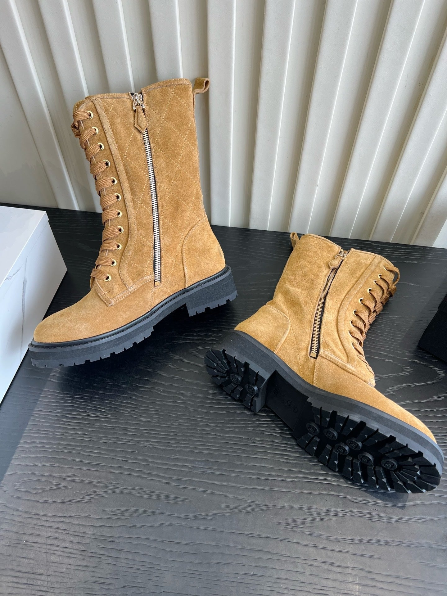 Chanel 2026 Quilted Logo Lace Up Tall Combat Boots Suede Cowhide 977208