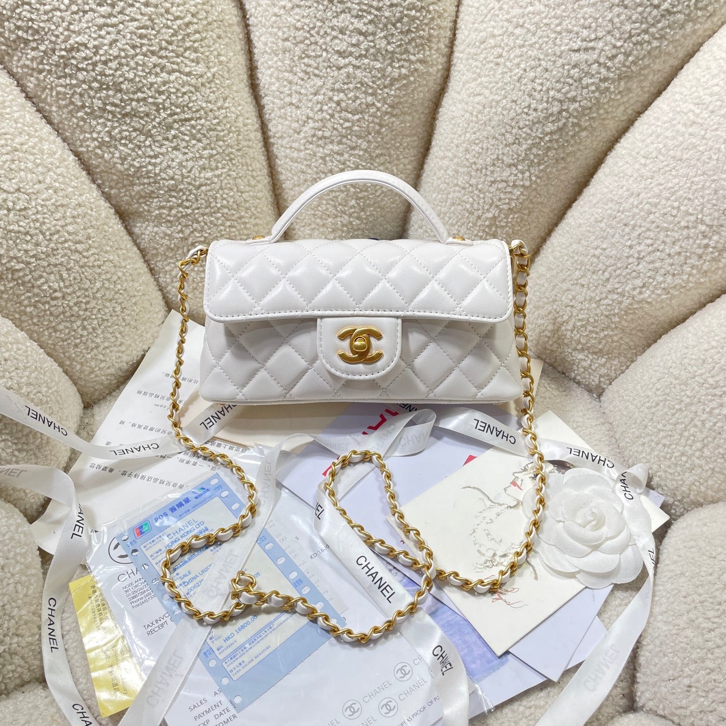CC 25P Mini Flap Bag 22cm Top Handle Cream Calfskin Gold Hardware