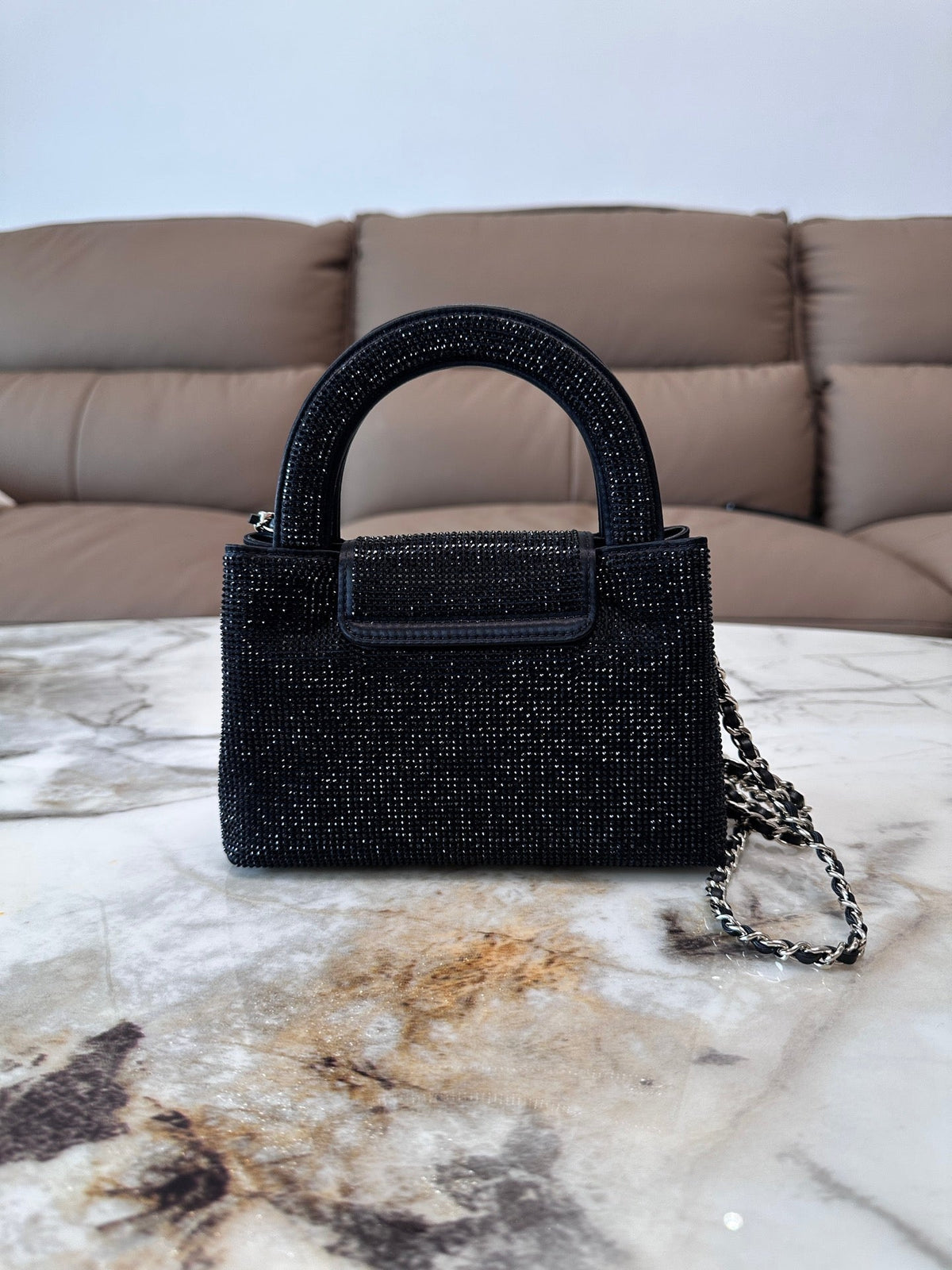 Chanel 2026 Bag 19cm Black And Silver Rhinestones Leather