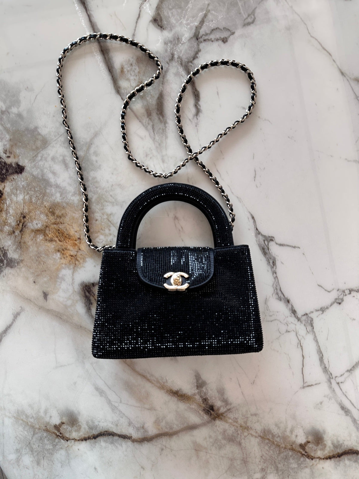 Chanel 2026 Bag 19cm Black And Silver Rhinestones Leather