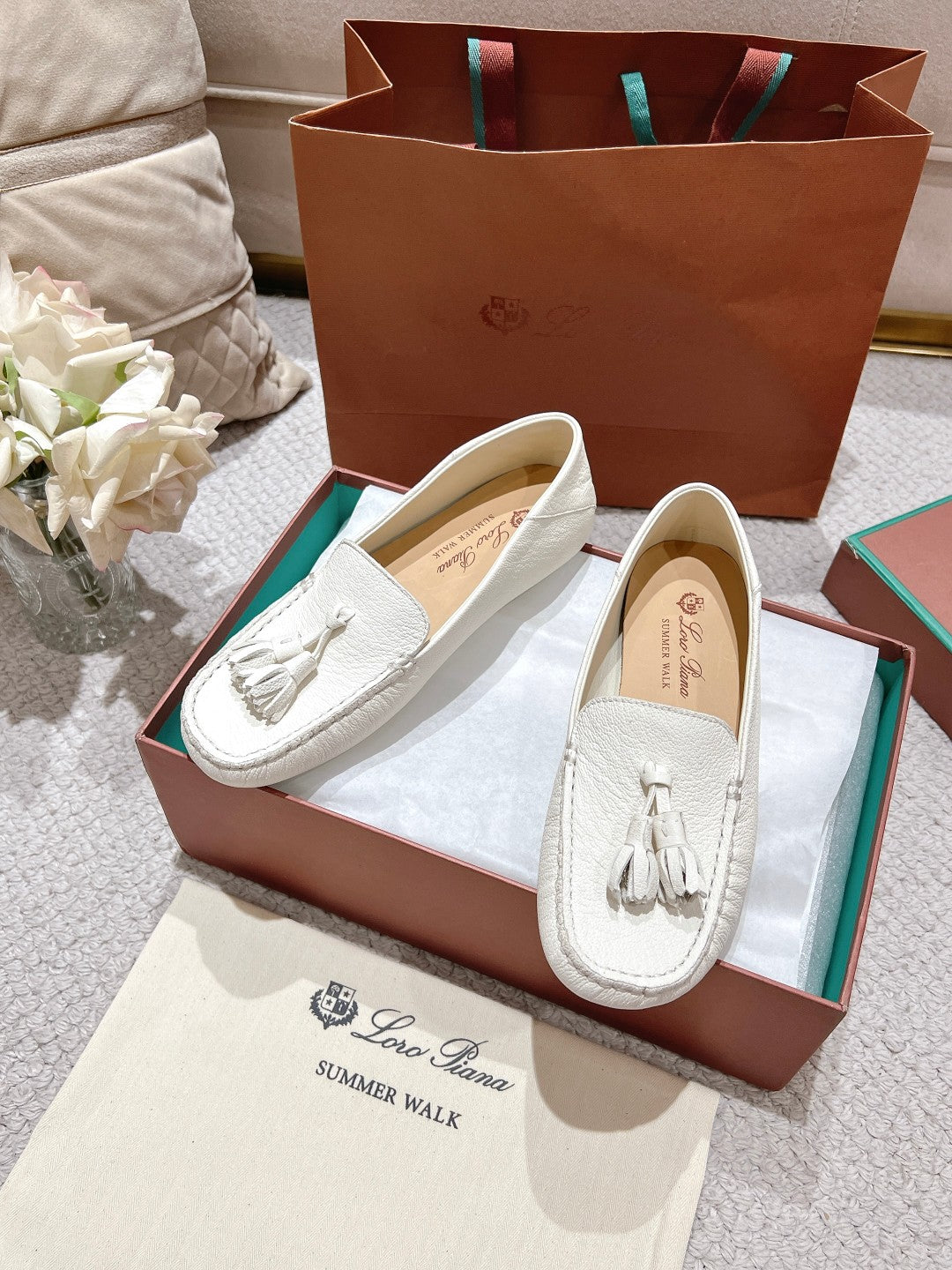 LP Dot sole walk mocassinown White Wrinkled Cowhide 215008