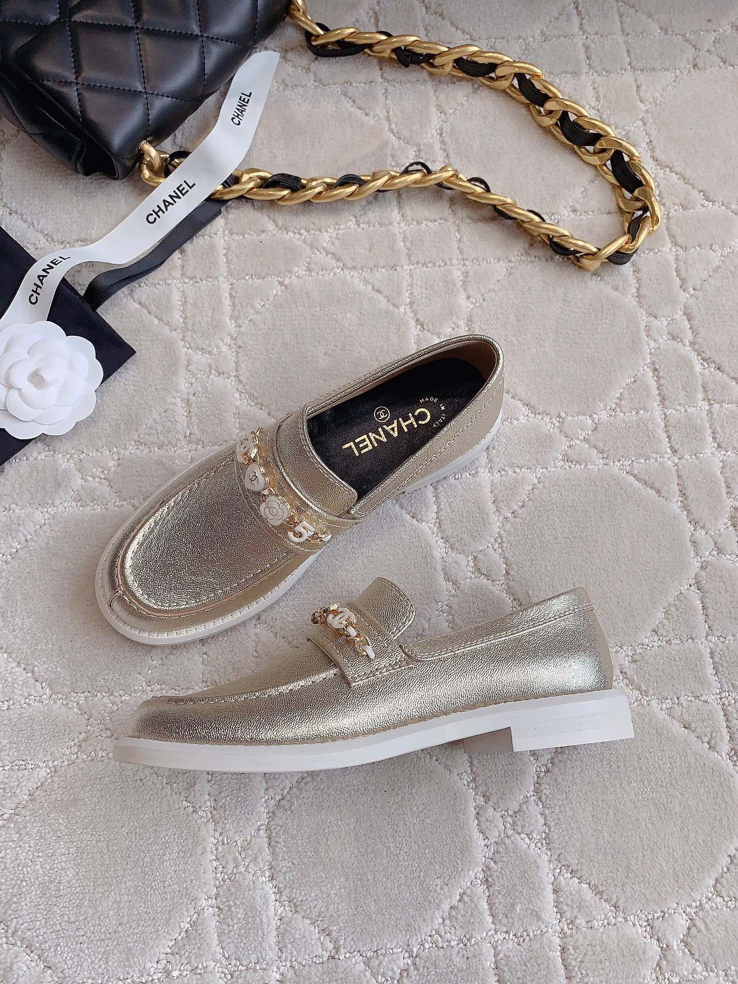 Chanel 2026 Embellished Strap Loafers Gold Metallic Cowhide 977365