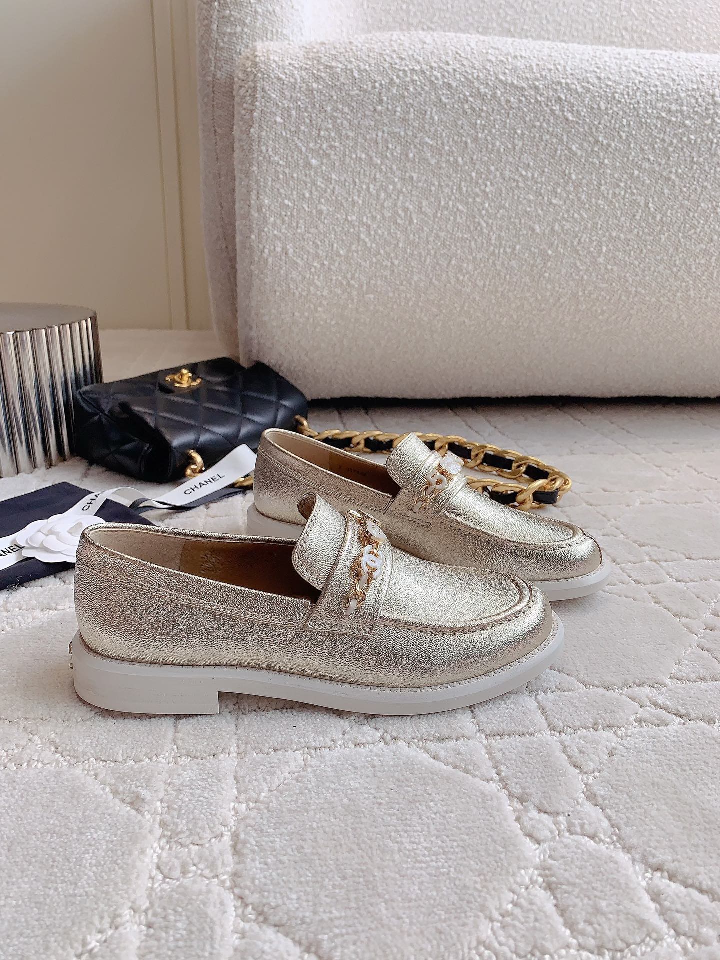 Chanel 2026 Embellished Strap Loafers Gold Metallic Cowhide 977365
