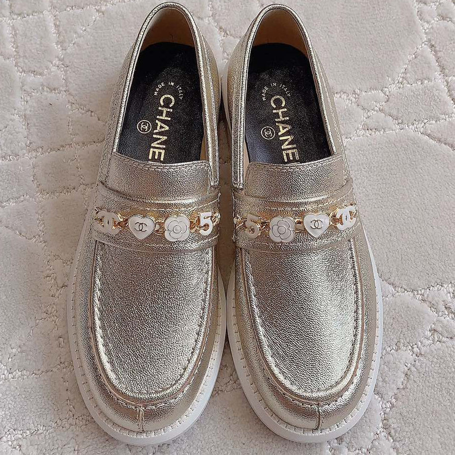 Chanel 2026 Embellished Strap Loafers Gold Metallic Cowhide 977365