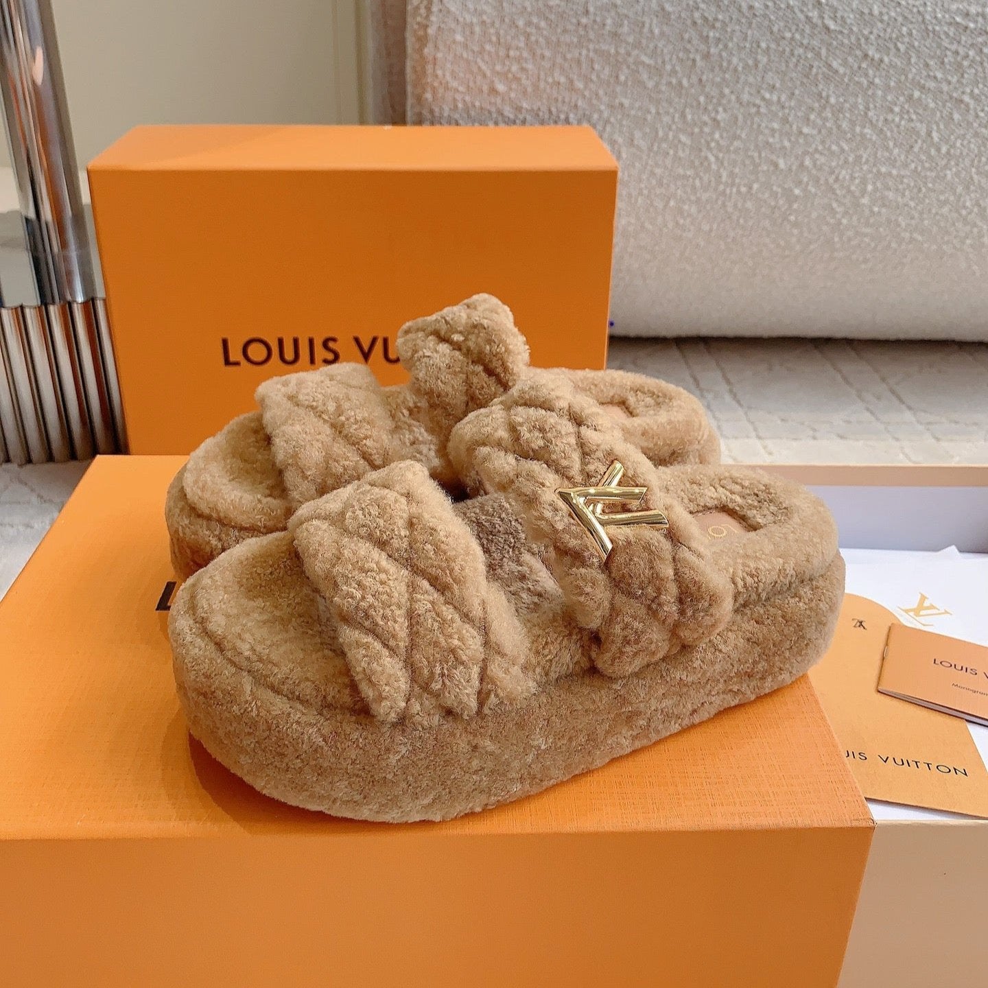 LV Sunset Platform Comfort Mule Light Brown Wool