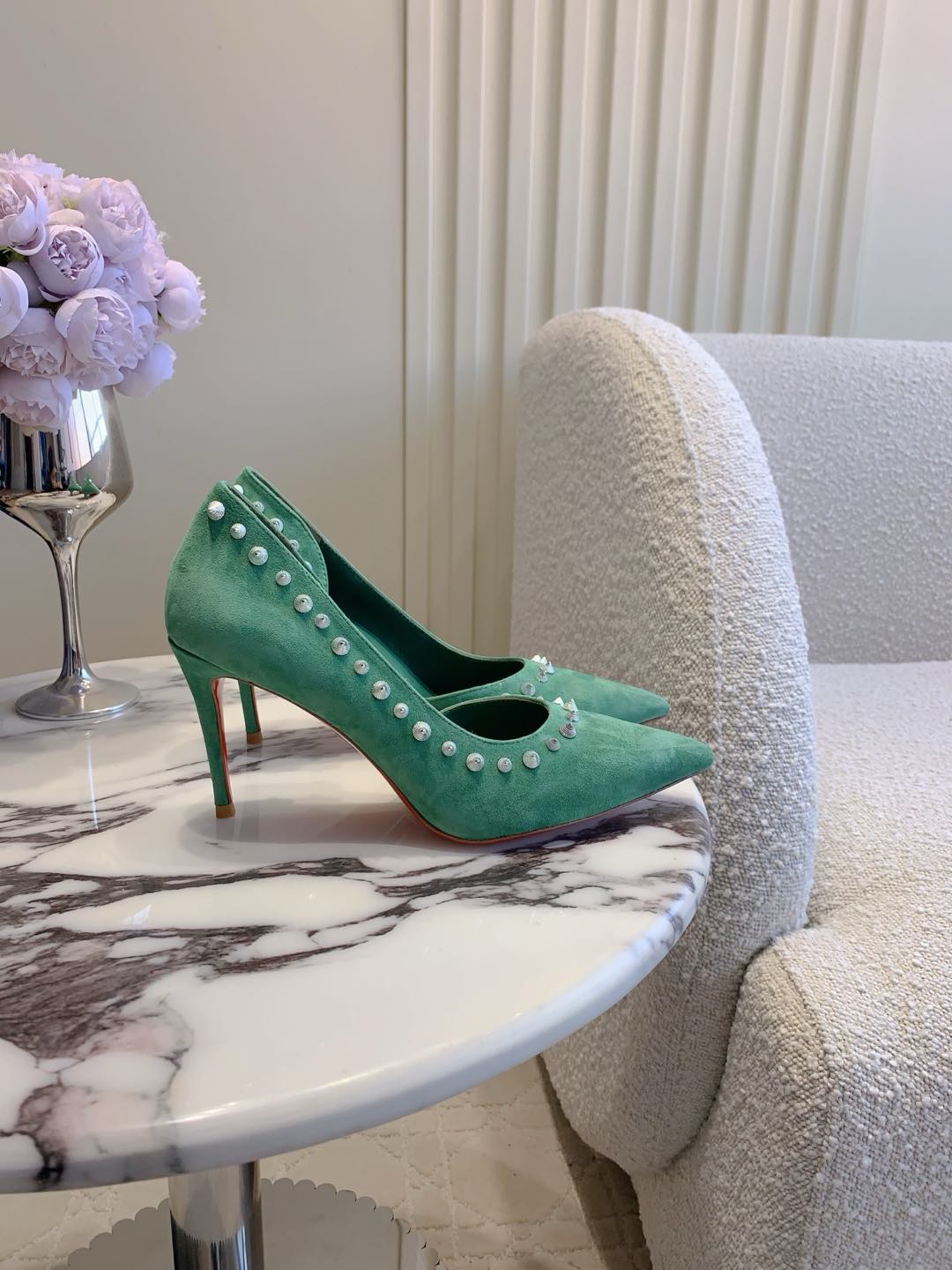 CL  Irishell 85 Studded d'Orsay Pumps Green Suede 177127