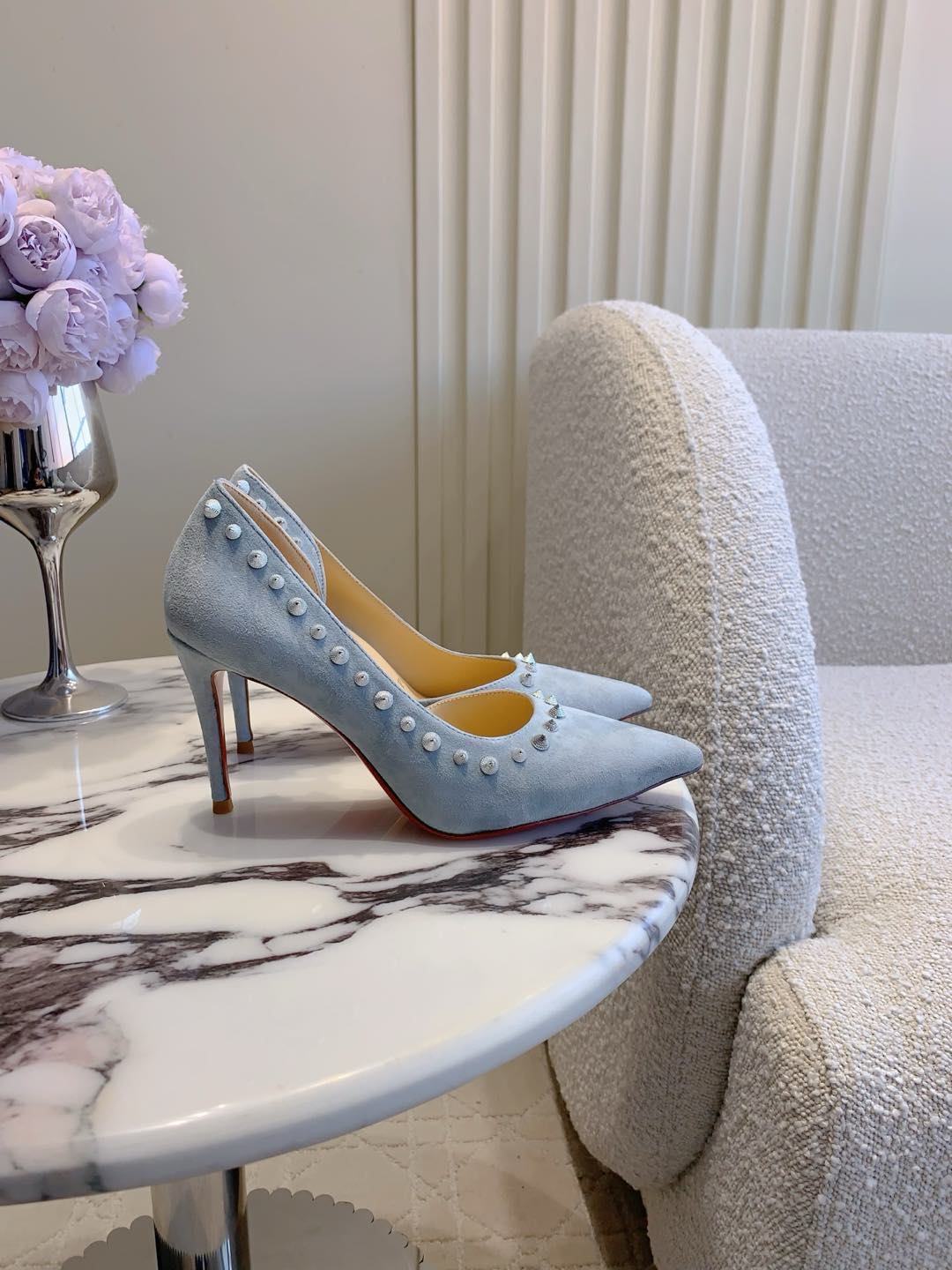 CL  Irishell 85 Studded d'Orsay Pumps Light Sky Blue Suede 177128